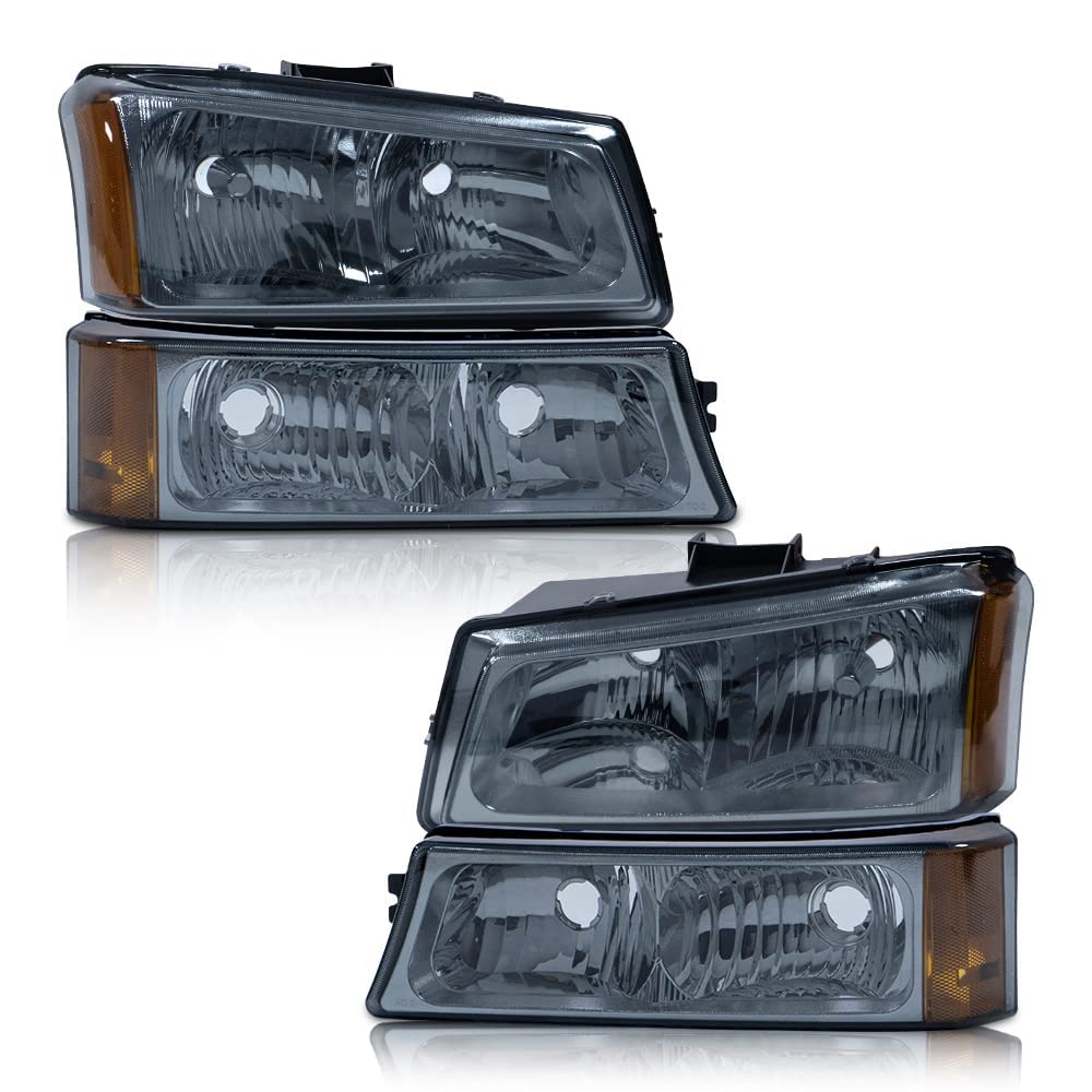 G-Plus Headlights Assembly, Compatible With 2003 2004 2005 2006 Chevy Avalanche 1500 2500 Bumper Headlamp, Smoky Lens Chrome Hou