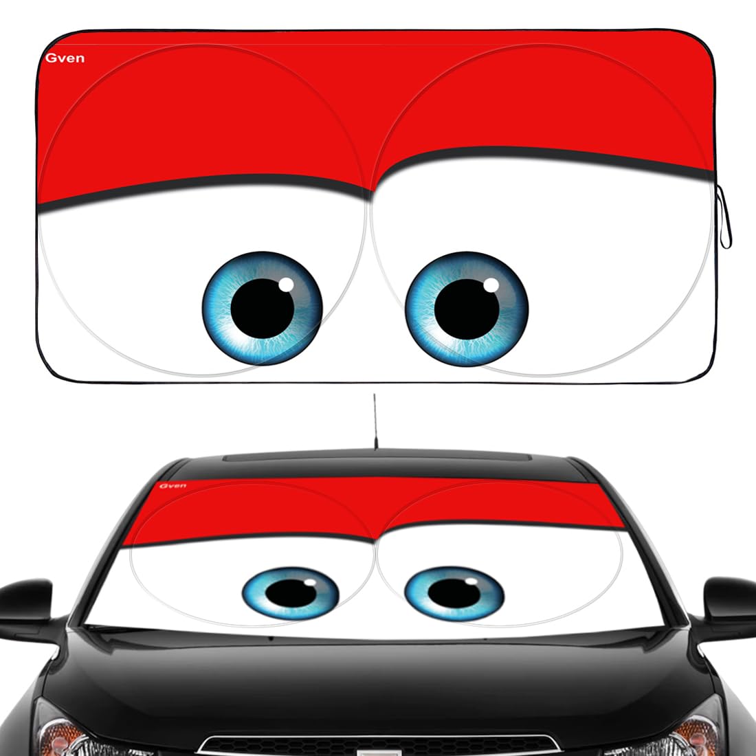 Gven Windshield Shade, Car Sun Shade For Front Windshield Funny Car Eyes Sunshades Sun Visor Protector Blocks Uv Rays Foldable 210T Keep Your Vehicle Cool (Eyes-Red, Standard)