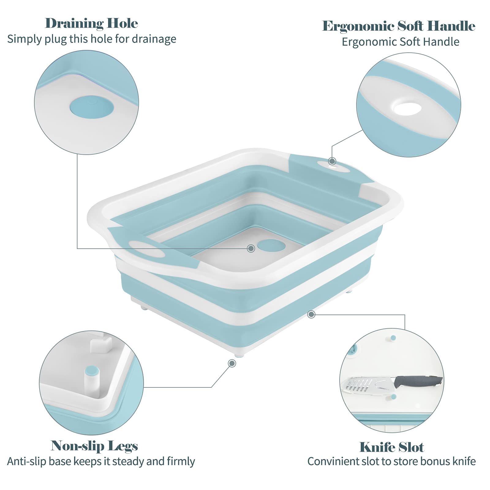 ROTTOGOON Collapsible Cutting Board - Foldable Chopping Board with Colander, Light Blue Silicone Dish Tub for BBQ, Picnic, Camping