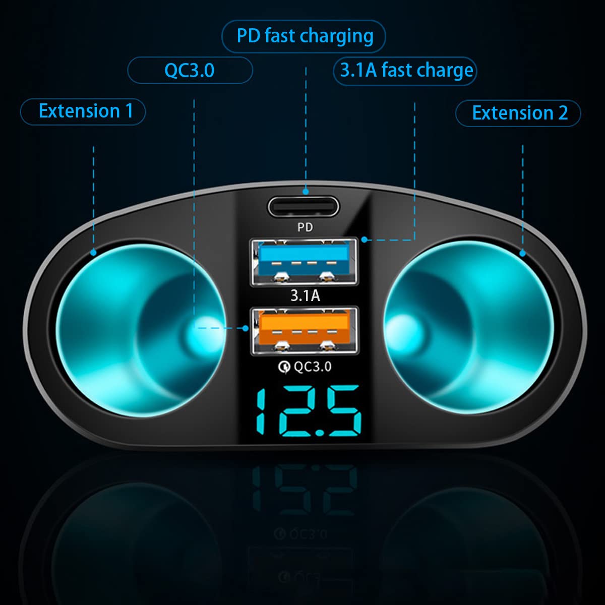 Car Cigarette Lighter Splitter, 2-Socket Cigarette Lighter Adapter With Led Voltmeter, Dual Usb Qc3.0 Type-C 20W Pd Fast Car Cha