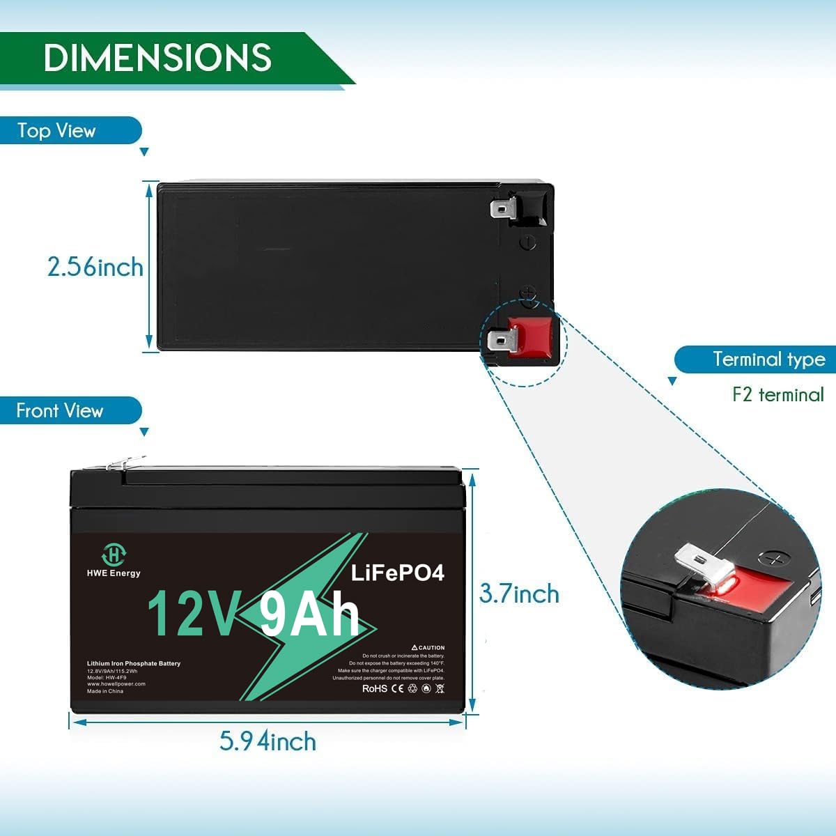 HWE Energy 12V 9Ah Lithium Battery, Rechargeable LiFePO4 with Smart 15A BMS, Black + Green, Model HWE1290