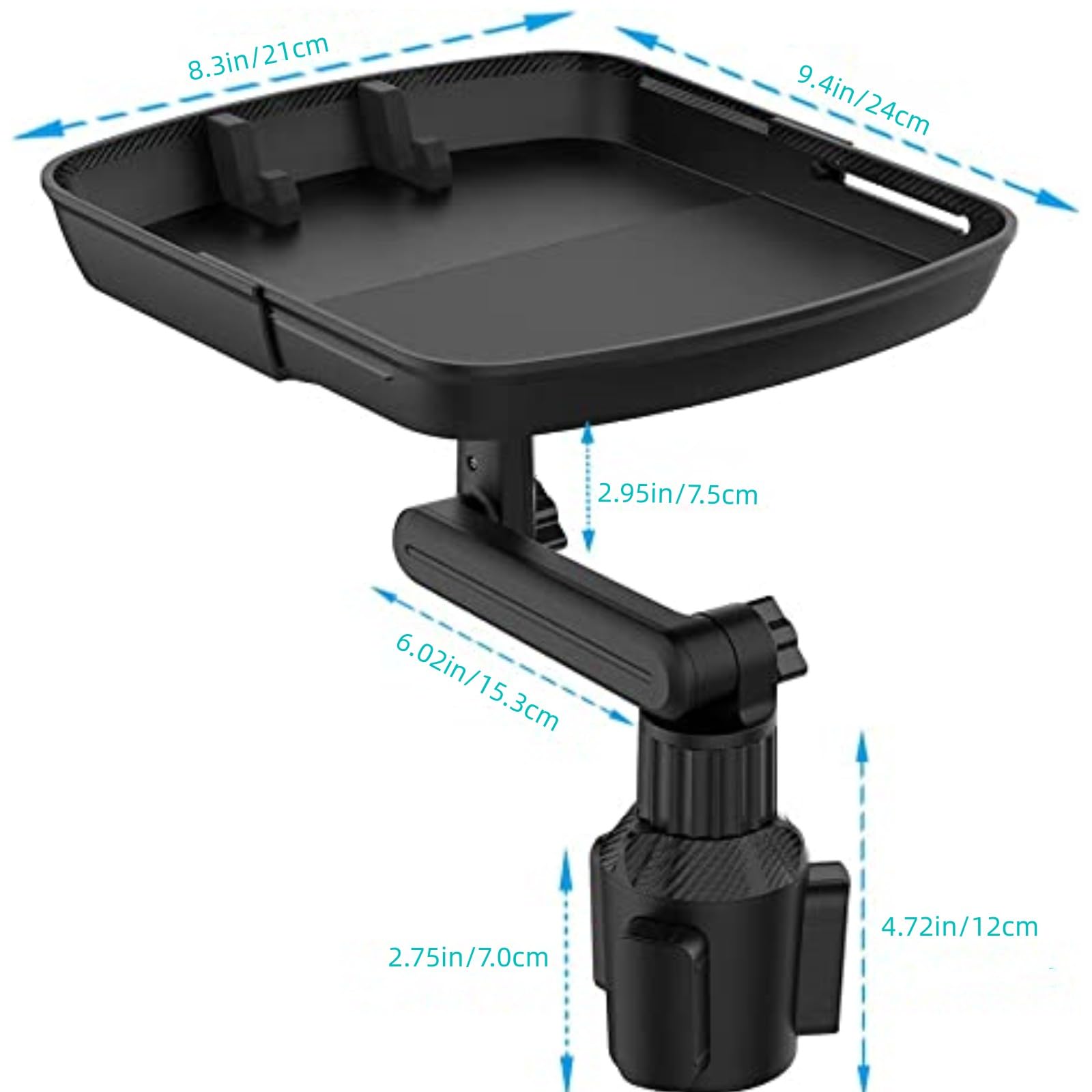 Kelofam 10" Car Food Tray - Detachable Cup Holder Expander, 360° Rotating, Black, Model KLF23002