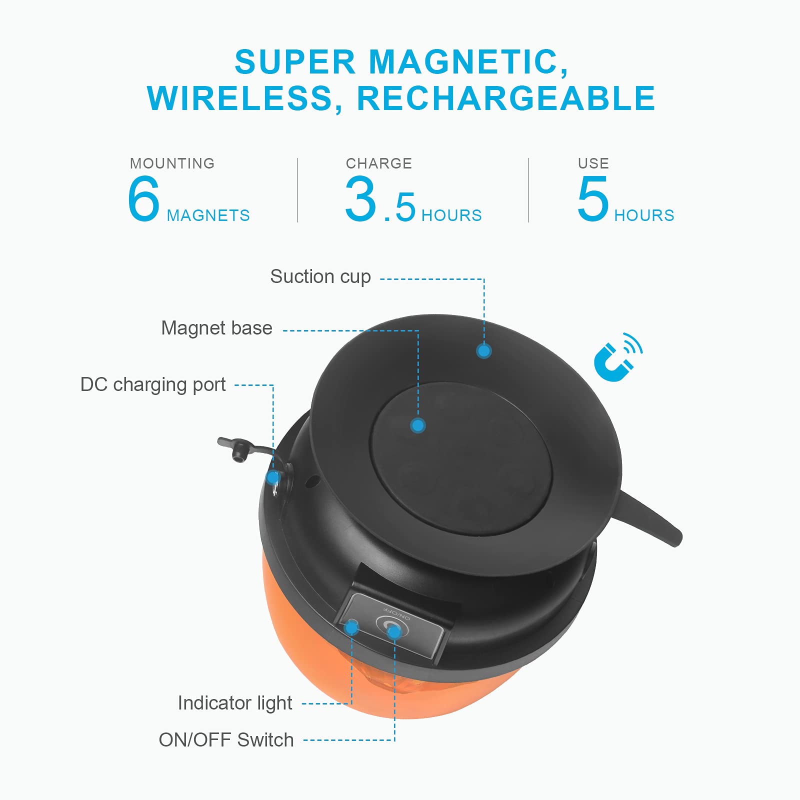 Agrieyes Magnetic Beacon Light - Wireless, Portable 12-24V Amber Strobe Light, Model W08, Rechargeable for Trucks, Trailers, and More