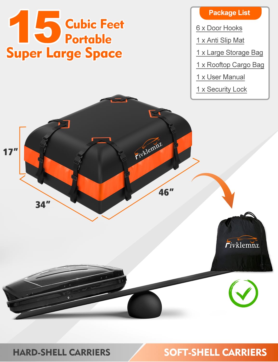 FIVKLEMNZ Rooftop Cargo Carrier, 15 Cubic Feet, Waterproof PVC, Classic Version, Includes Anti-Slip Mat & Straps, All Vehicle Compatibility