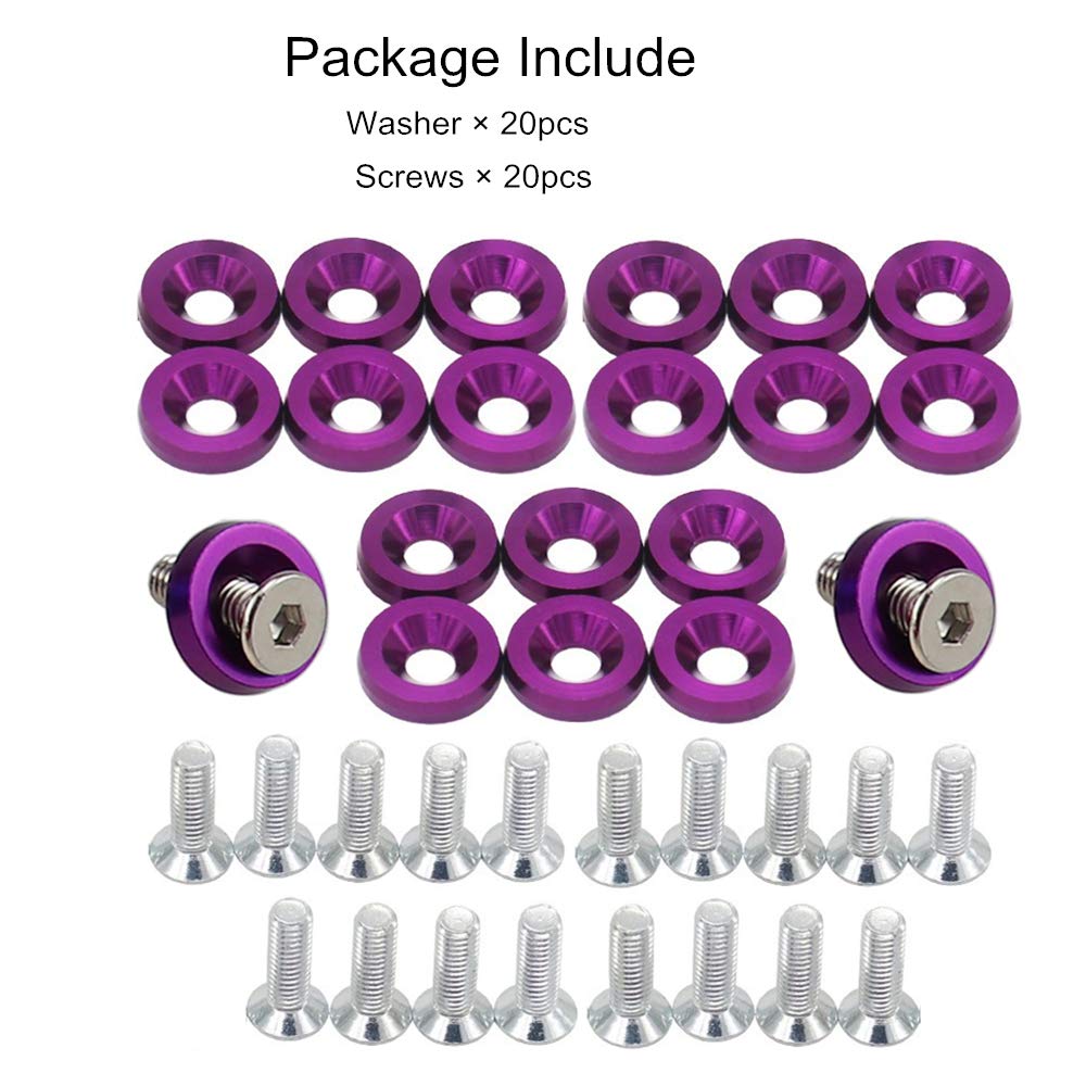Ouhl 20Pcs Fender Bumper Washer Bolt 6061 T6 Grade M6X20Mm Cnc Finishing Washer Engine Bay Dress Up Kit (Purple)