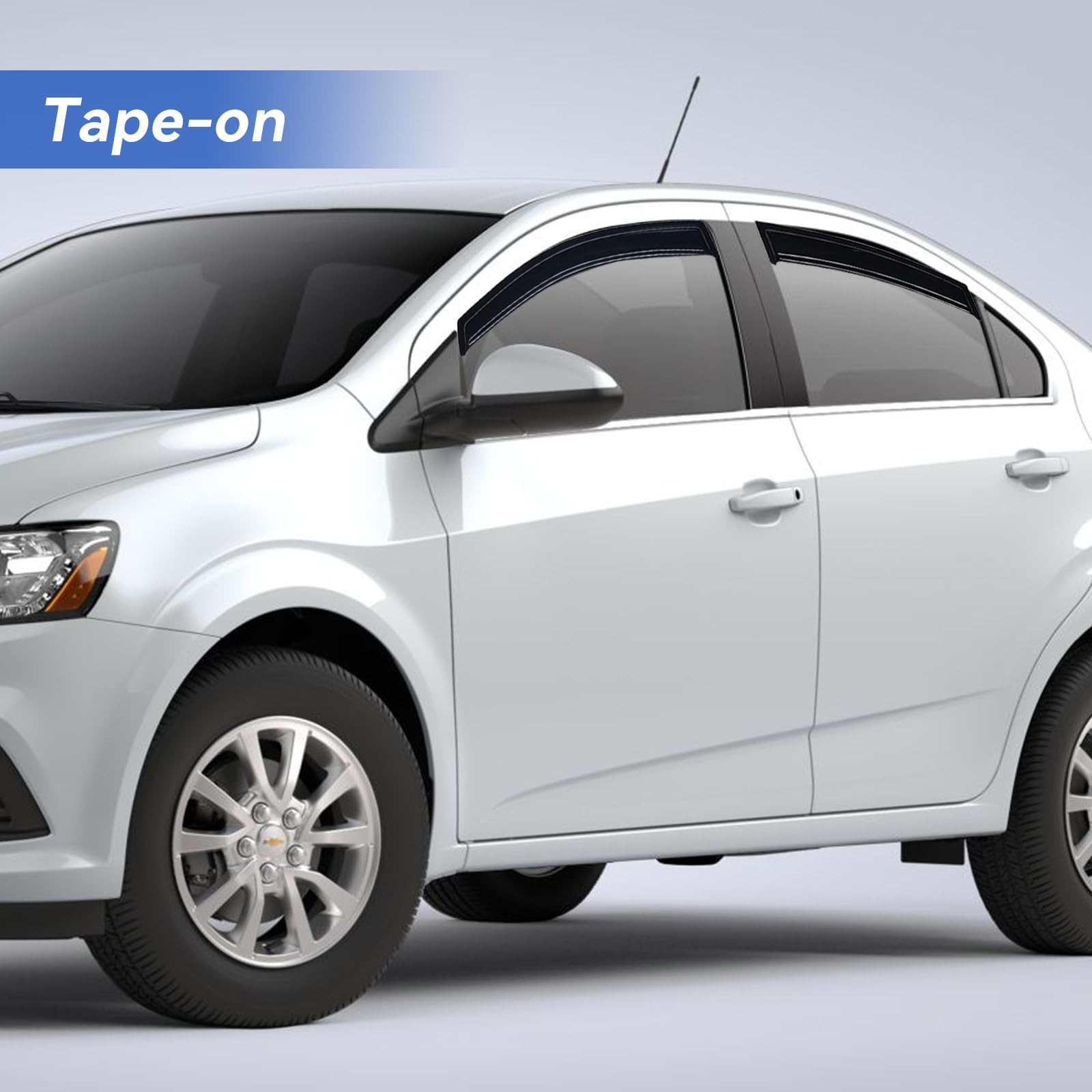 YQAUTEC Window Visors Rain Guards for 2012-2020 Chevy Sonic Sedan, Dark Smoke Tinted, Out-Channel Wind Deflectors, Model YD-T2-0111