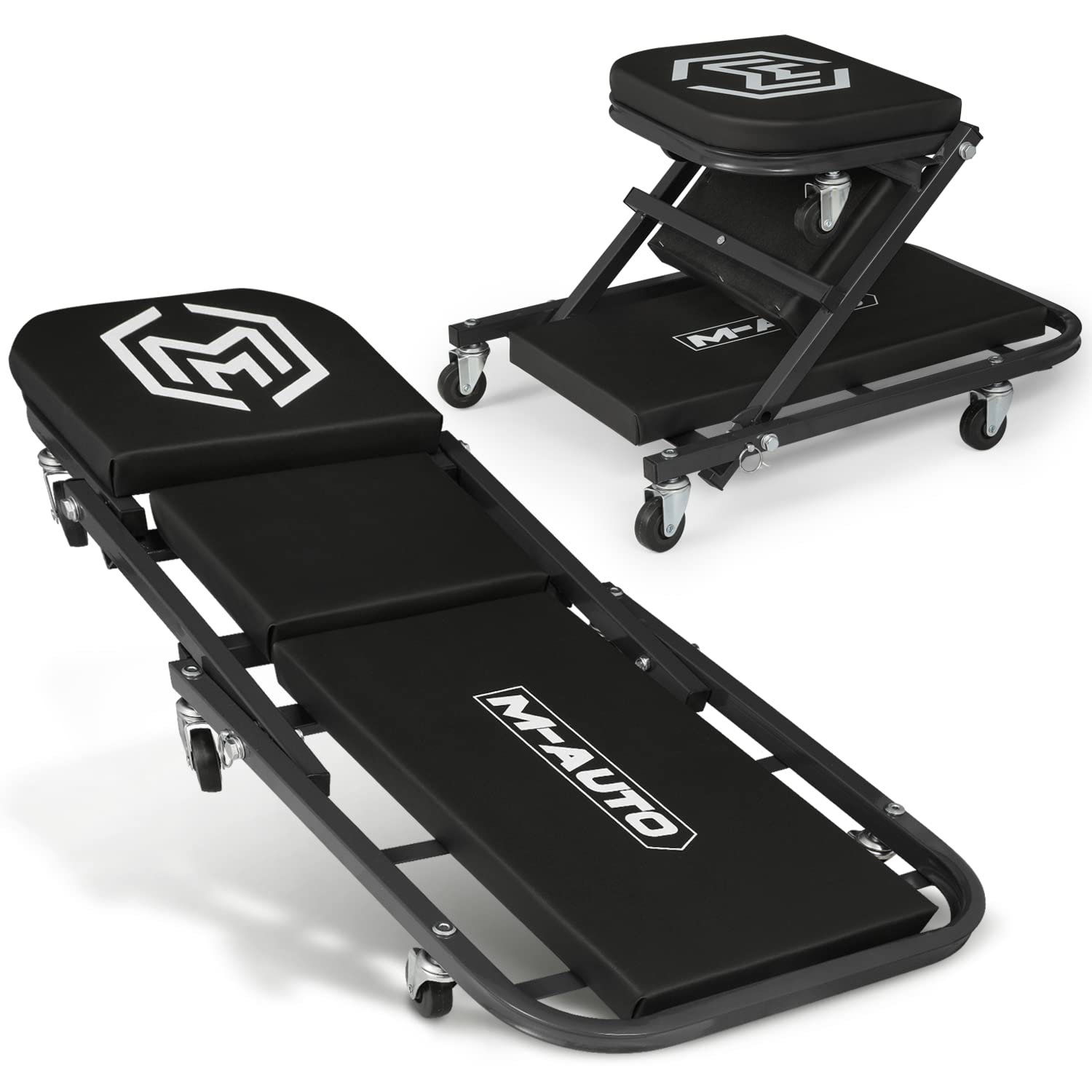 M-Auto 40-Inch Folding Creeper Rolling Seat, All-In-One Adjustable Roller Garage Chair, Lay Down Or Sit, 330Lbs Capacity Under C