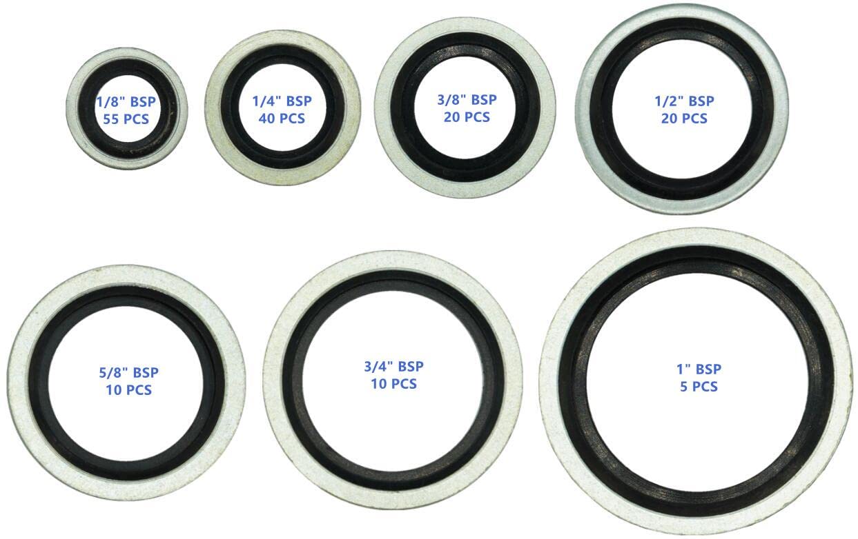 Dsnaduo 160Pcs BSP Dowty Bonded Seal Washer Assortment Kit, 7 Sizes (1/8 to 1), Black, Model 160-7G for Automotive