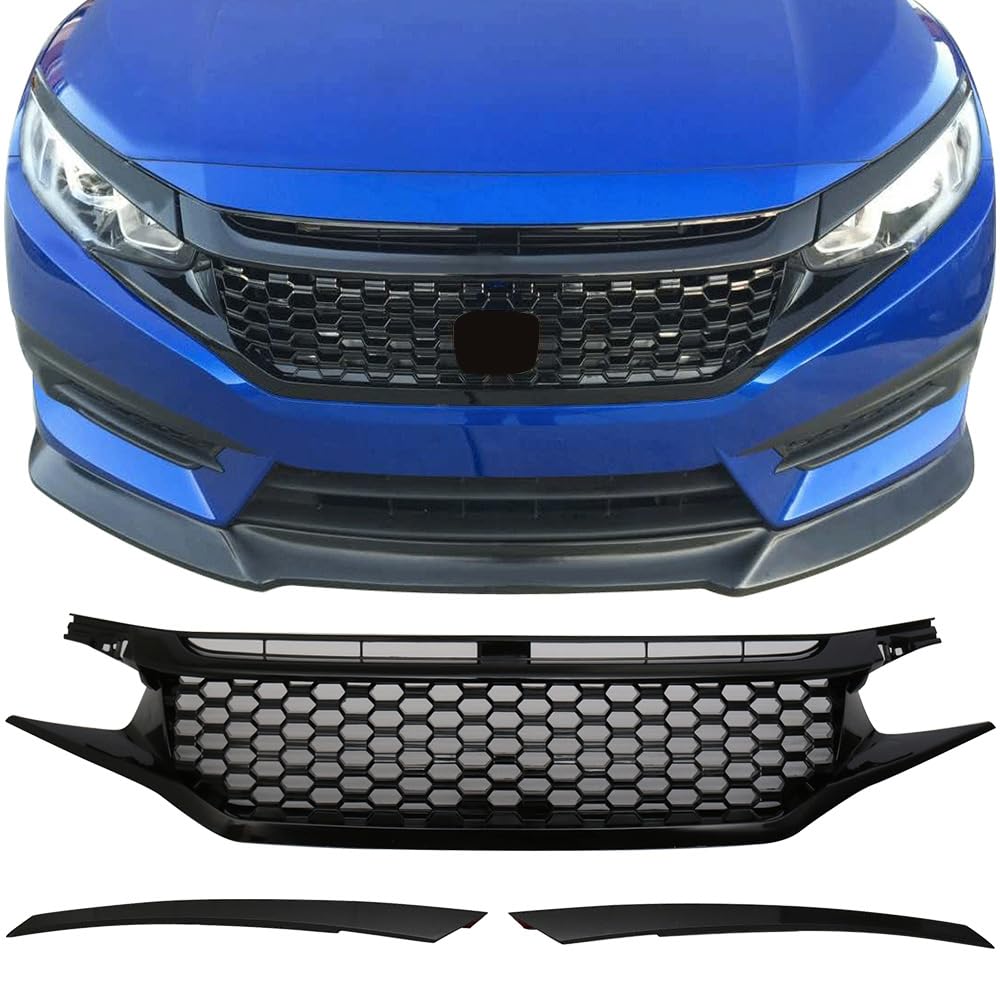 IKON MOTORSPORTS Front Bumper Grille for 2016-2021 Honda Civic, ABS Plastic, Black, Model HG-HC16SI3P-BK