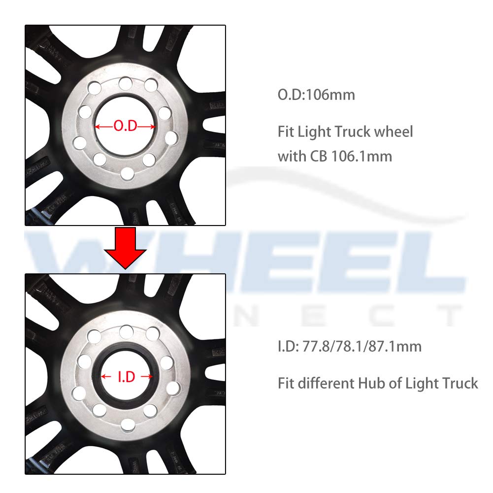 WHEEL CONNECT Hub Centric Rings Set of 4, ABS Plastic, O.D 106mm - I.D 78.1mm, Perfect Fit for Wheel Alignment