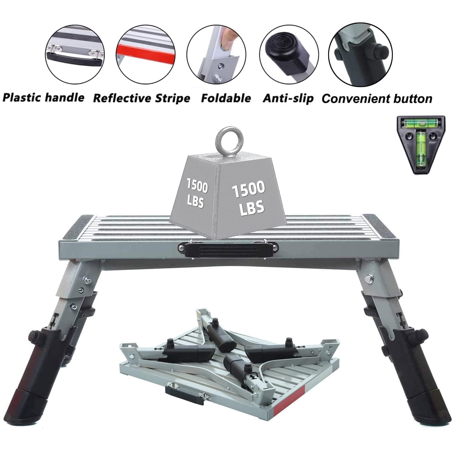 Homeon Wheels RV Step Stool - 19" x 14.5", 1,500lbs Adjustable Aluminum, Non-Slip Rubber Feet, Reflective Stripe, Model SP-800