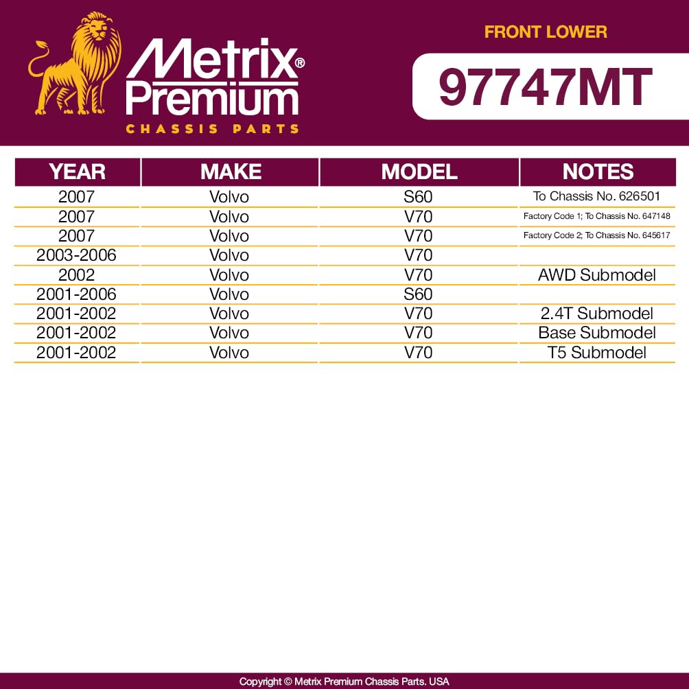 Metrix Premium Chassis Parts - 4 Pc Front Lower Control Arm & Front Lower Ball Joint Kit Fits 01-06 Volvo S60, 07 S60 To Chassis