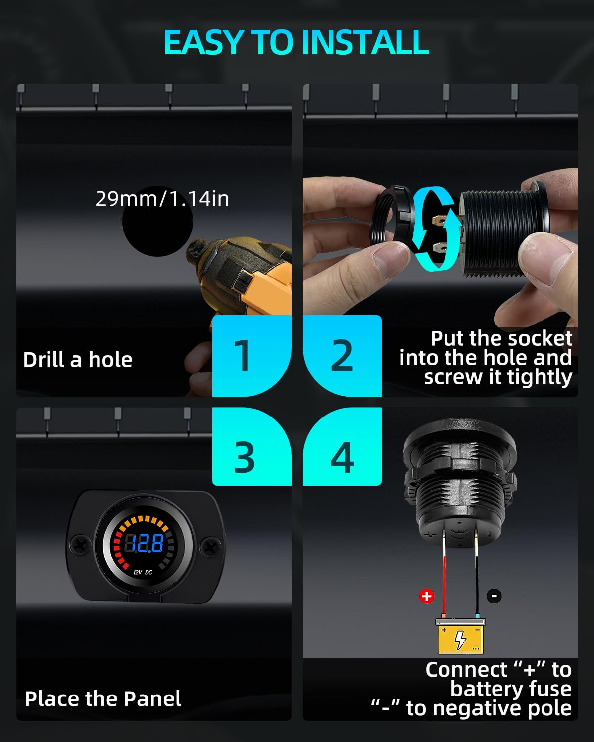 DC 12V Voltage Meter, Waterproof LED Display Voltmeter Gauge Panel, Round Battery Monitor with Mounting Plate & Wires & Terminal