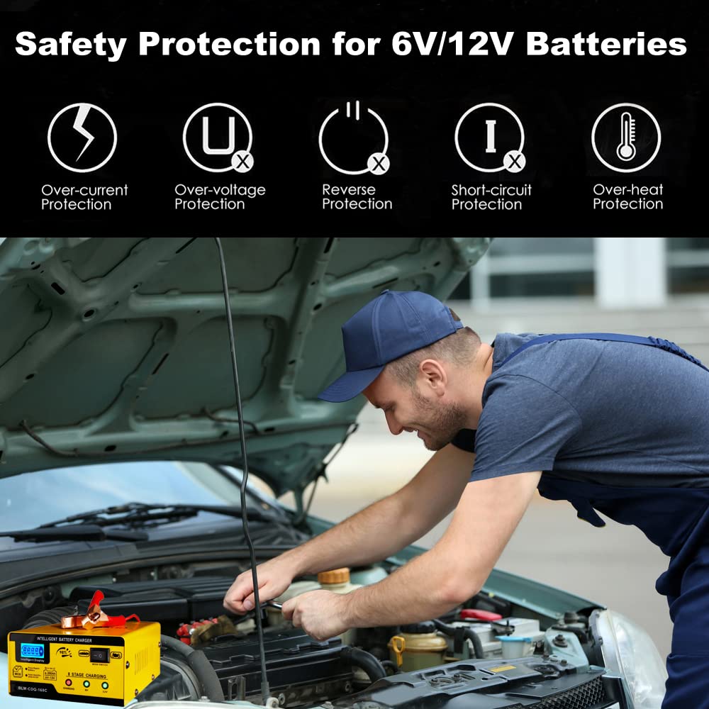Huiaipaic 15A Smart Battery Charger for 6V/12V Lead Acid Batteries - Pulse Repair, Automotive Desulfator, Orange