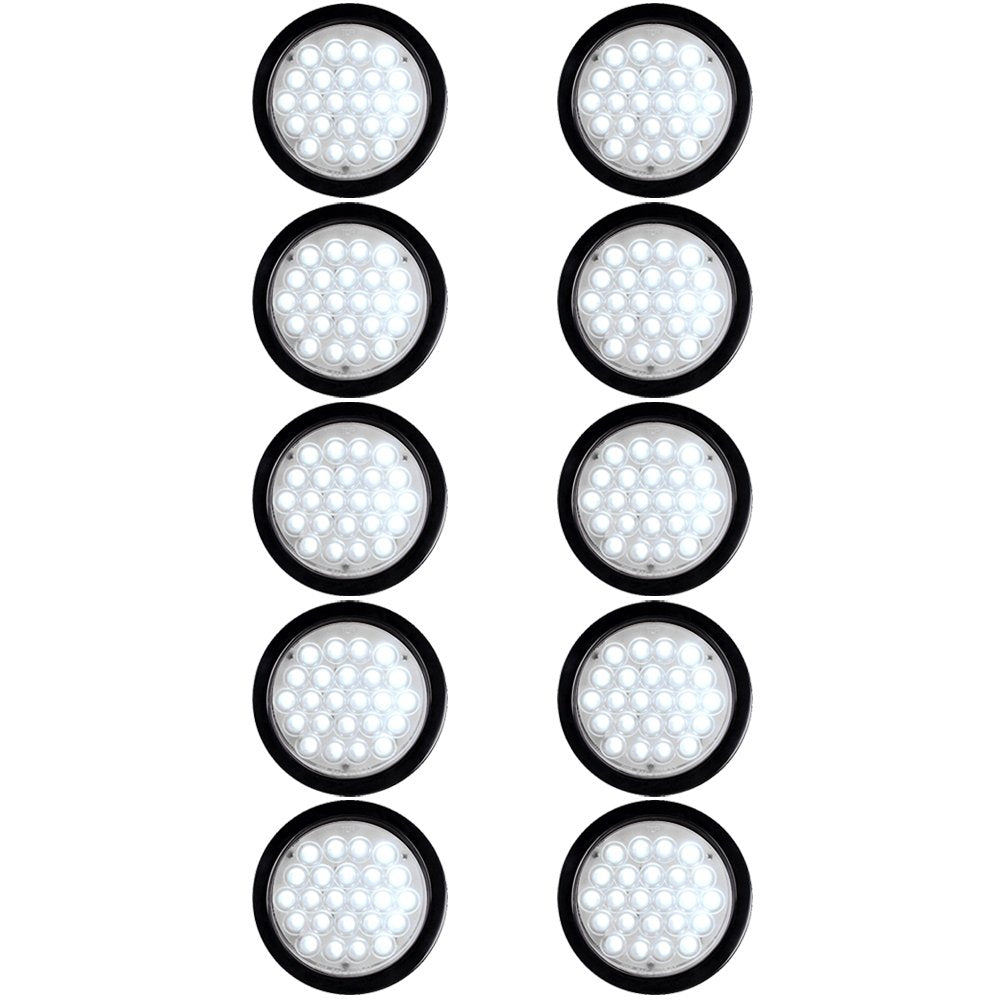 10pcs Clear Lens 4 Inch Round 24-LED WHITE Back Up Lamp Reverse Rear Parking Lamps Tail Lights w/Grommet Wiring Plug Compatible 