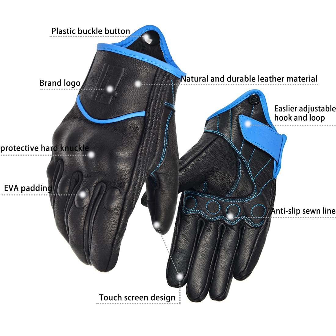 Harssidanzar Leather Motorcycle Gloves For Men Touchscreen Riding Driving Gloves Gm028, Black/Blue, Size Small