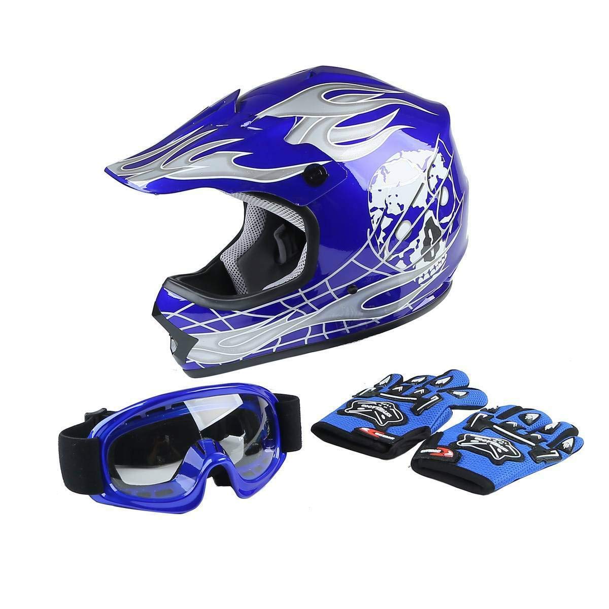 Slmoto Dot Youth & Kids Motocross Offroad Street Helmet Blue Skull Motorcycle Youth Helmet Dirt Bike Motocross Atv Helmet+Goggle