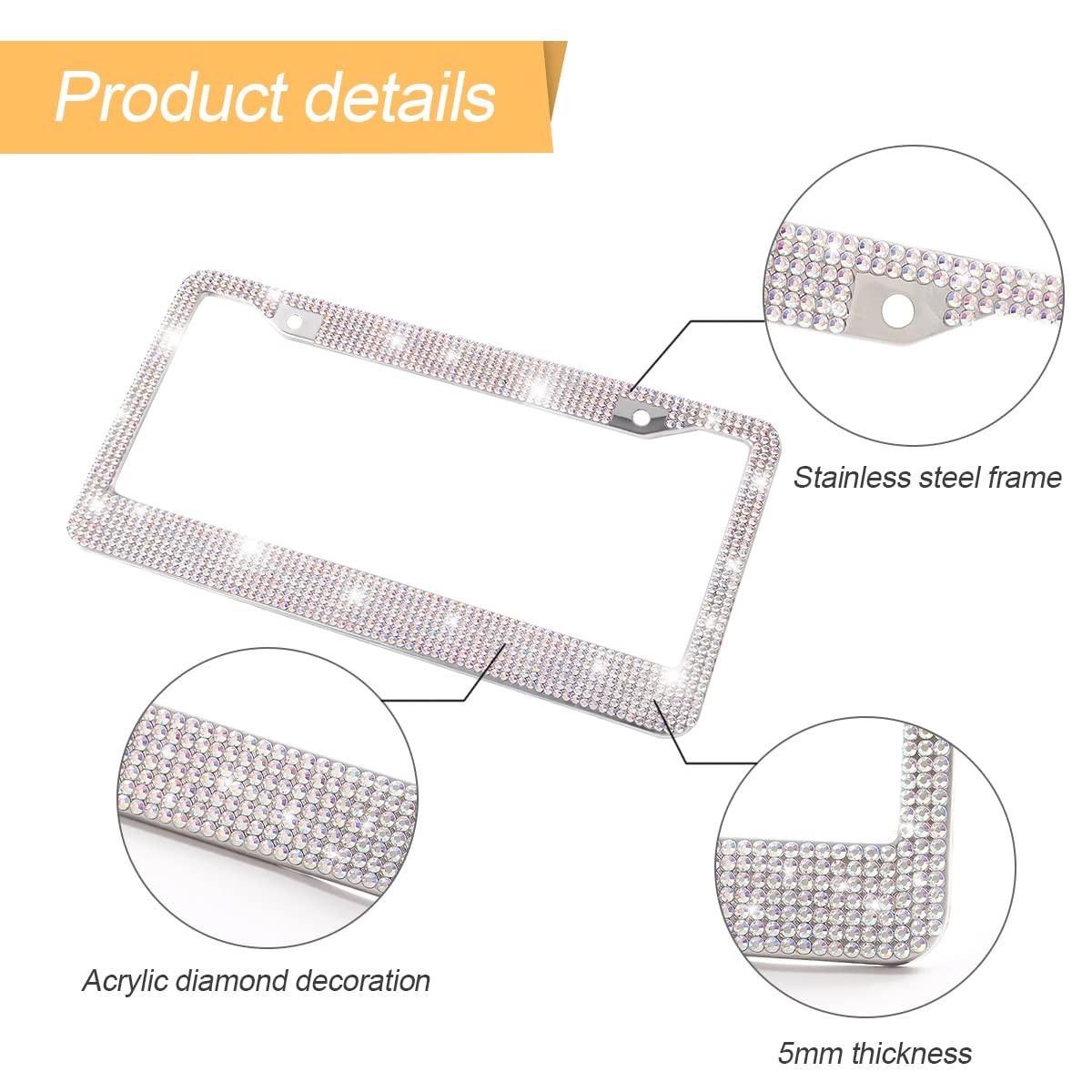 Yalok Bling Car License Plate Frame, Sparkly Rhinestone Stainless Steel License Plate Cover/Holder, Universal For Most Cars, Suv