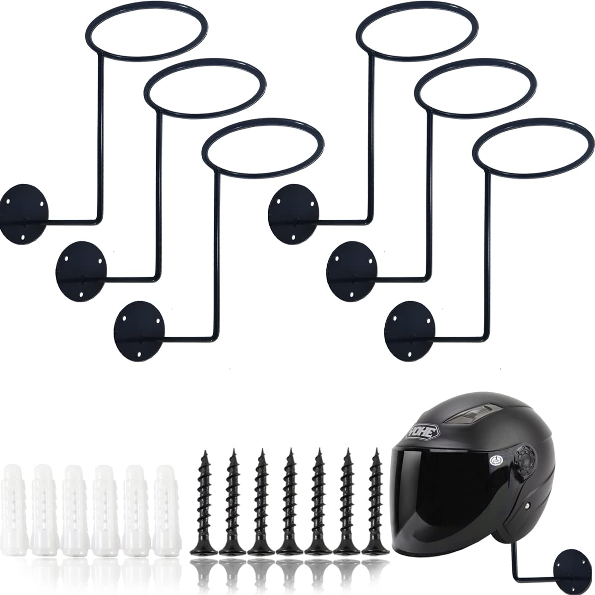 TIHOOD 6PCS Motorcycle Helmet Rack, Metal Helmet Hanger, Wall Mounted Helmet Holder, Ball Rack and Hat Rack, Multifunctional Hel