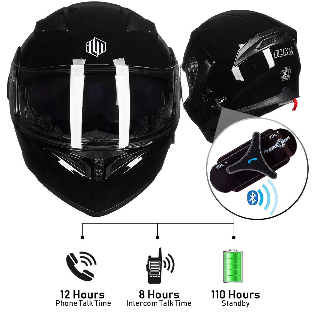 ILM Bluetooth Motorcycle Helmet Modular Flip up Full Face Dual Visor Mp3 Intercom FM Radio DOT Model 902BT(Gloss Black, 2XL)
