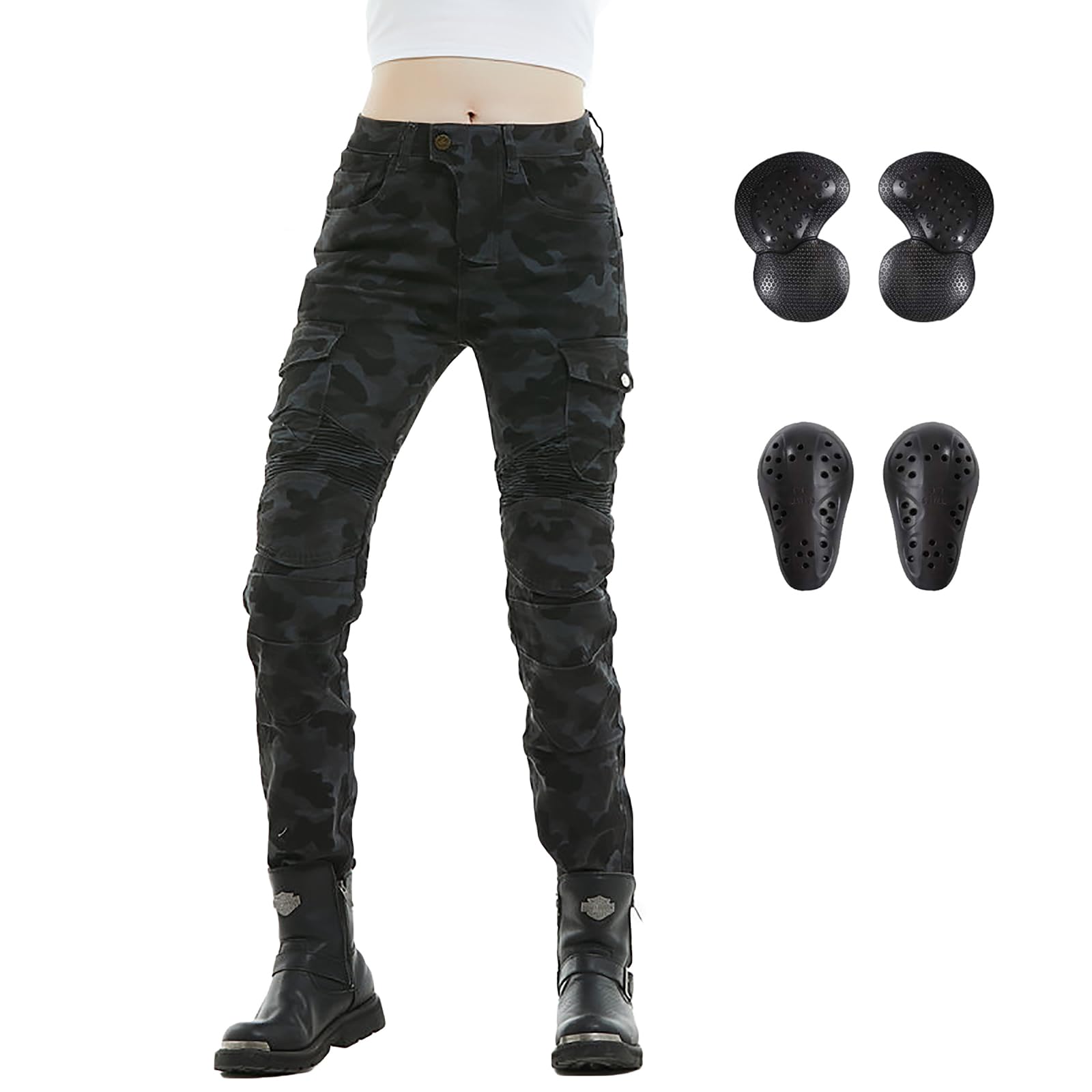 LOMENG Motorcycle Riding Pants Motorcycle Jeans Slim Fit with CE Knee Hip Removable Protectors Armor for Women Blue Camouflage X
