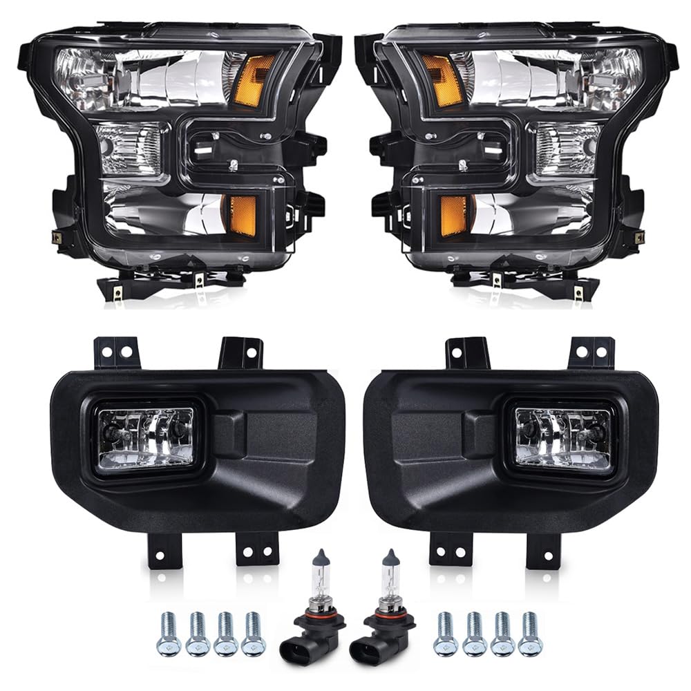 GRAND ORANGE Headlights + Clear Fog Lights Assembly Compatible with Ford F150 2015 2016 2017 4PCS Clear Lens Black Housing Amber