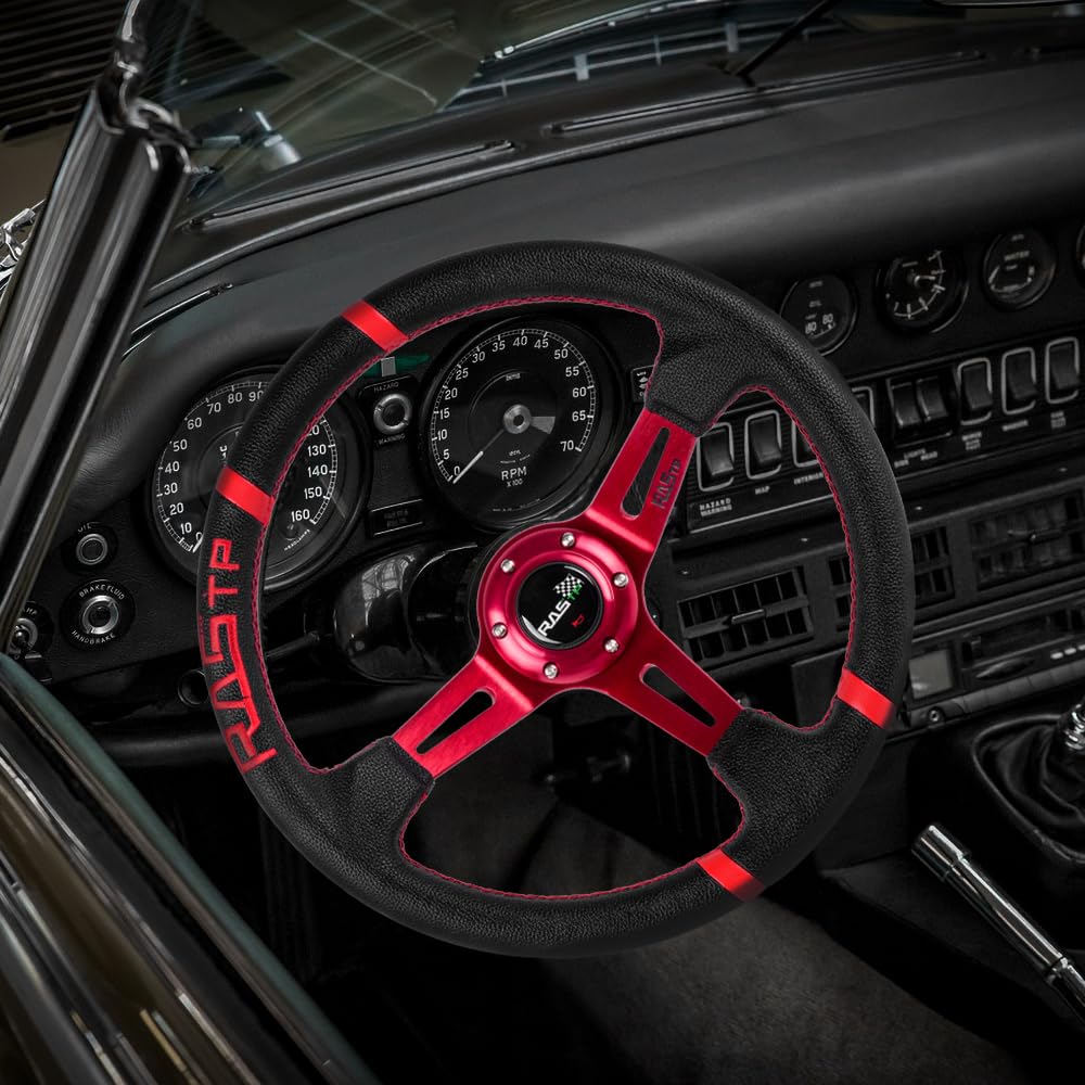 Rastp Universal Racing Steering Wheel,Deep Dish Steering Wheel Leather Embroidery 13.58”/345Mm 6 Bolts With Horn Button Include Cable, Wrench,Red