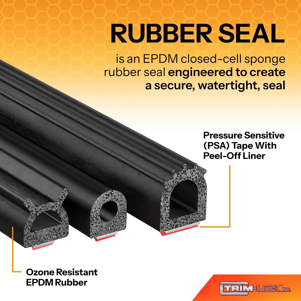 Trim-Lok D-Shaped Rubber Seal - .215    Height, .375    Width, 500 Length - Epdm Foam Seal W/Bt (3M) High Strength Bonded Tape,