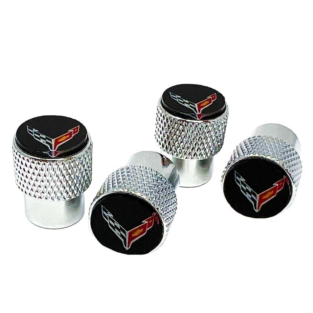 C8 Corvette Aluminum Valve Stem Caps - Crossed Flags Logo Set of 4 for 2020-2025 Corvettes (Knurled)