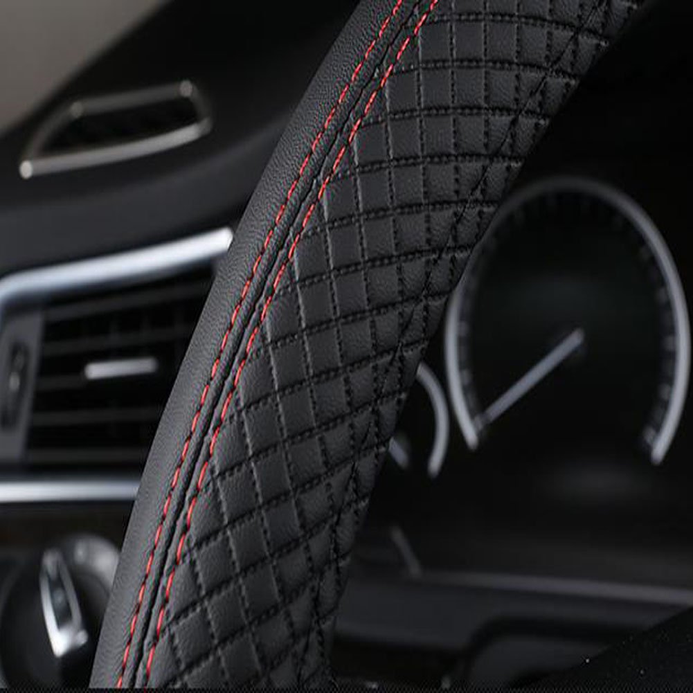 Shiawasena Car Steering Wheel Cover, Leather, Universal 15 Inch Fit, Anti-Slip & Odor-Free (Black)
