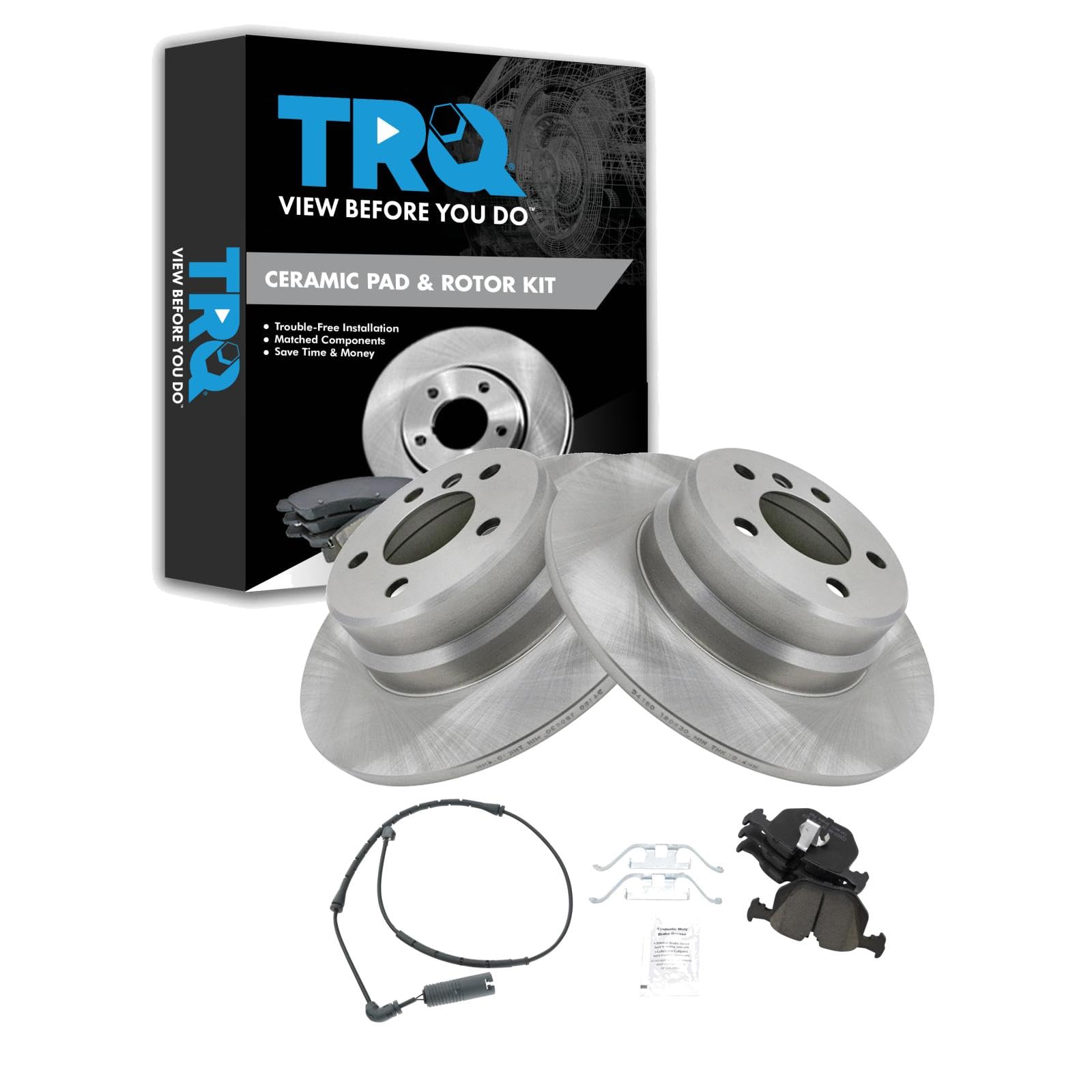 TRQ Rear Brake Pad & Rotor Kit Brake Pad Wear Sensor Brake Pads Brake Rotor Ceramic Compatible with 2000-2006 BMW X5