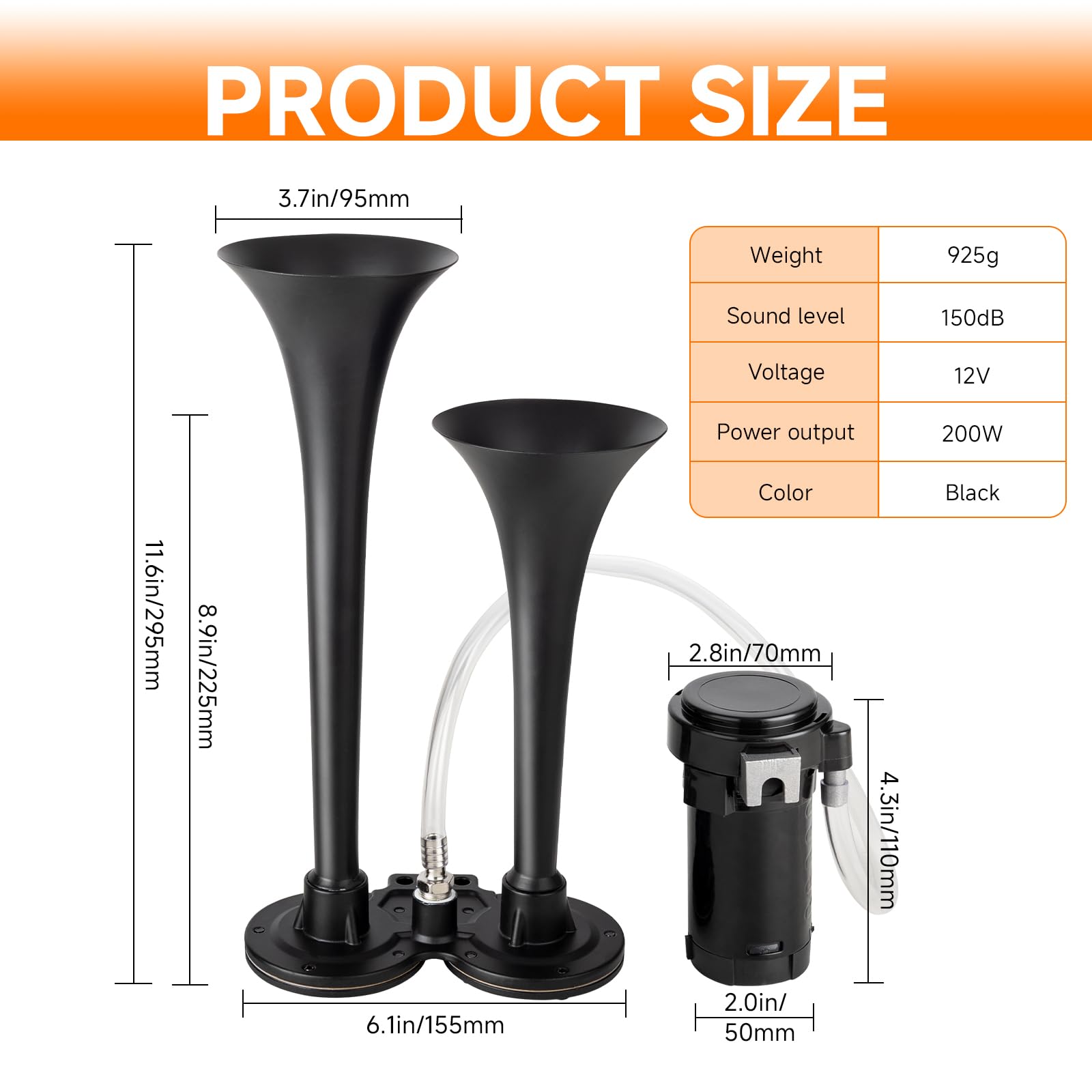 AOLIHAN Black Train Horn for Car, Loud Car Horns, Air Horn for Truck/Car/Motorcycle, 12V 150dB Super Loud Dual Trumpet Air Horns