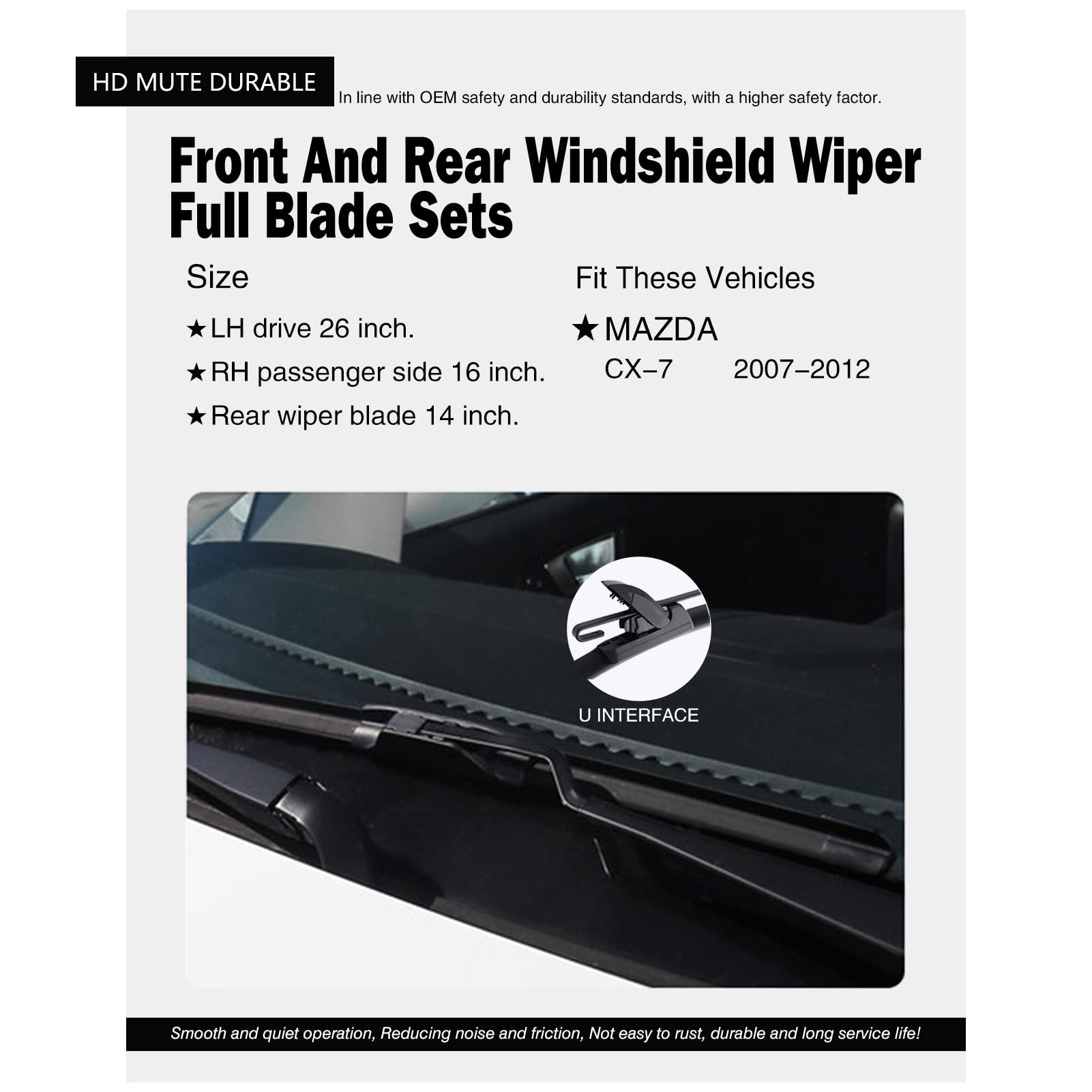 Replacement For Mazda Cx-7 2007-2012 Silent Wipers -Fapiuo Front And Rear Windshield Wipers 26''/16''+14'' Full Blade Set (3 Pac