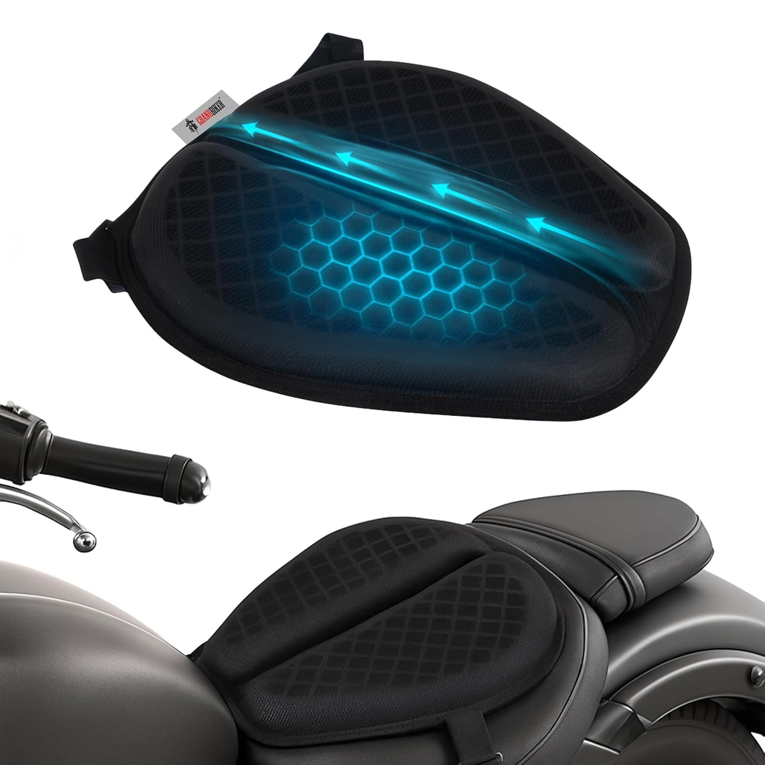 Grandbiker Universal Fit Gel Air Seat Cushion | 3D Honeycomb Gel Structure Cover for Long Rides | Detachable Cover | Lumbar Supp