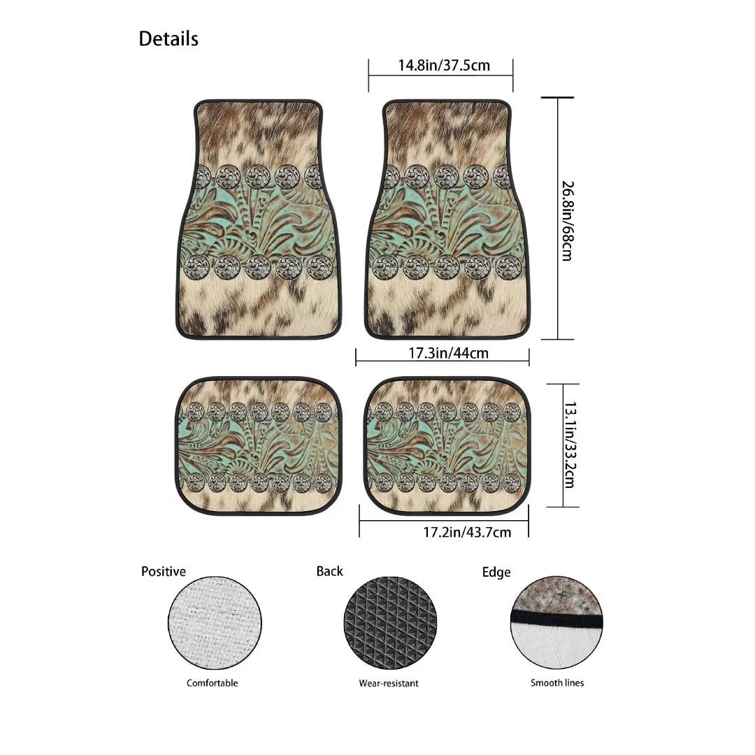 LONSANT Universal Car Floor Mats Set of 4,Rustic Brown Beige Teal Western Country Cowboy Tooled Leather Vehicle Front Rear Carpe