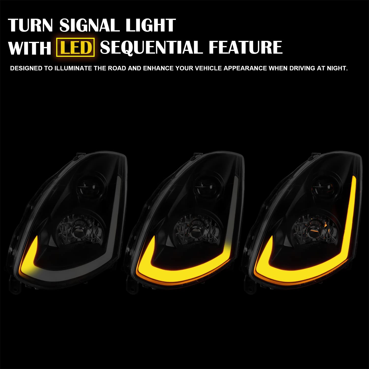 SPEC-D Tuning LED Strip Projector Headlights Black for 2003-2007 Infiniti G35 Coupe, Left + Right Pair, Clear Lens