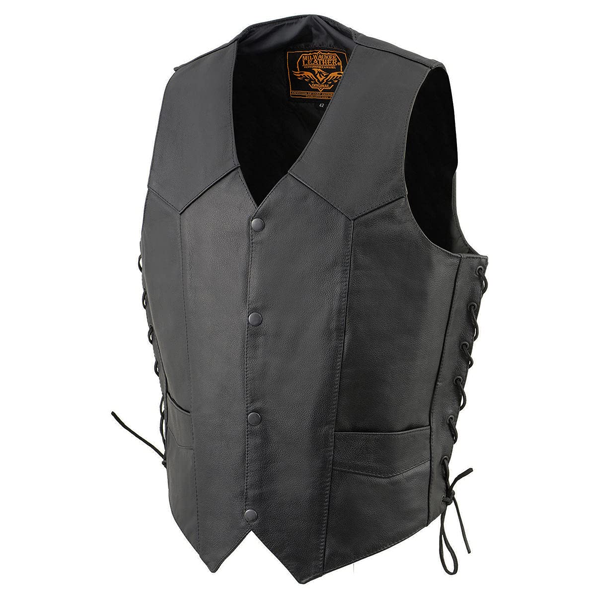 Milwaukee Leather SH1315 Men's Black Leather Classic V-Neck Side Lace Motorcycle Rider Vest w/Front Snap Closure - 56