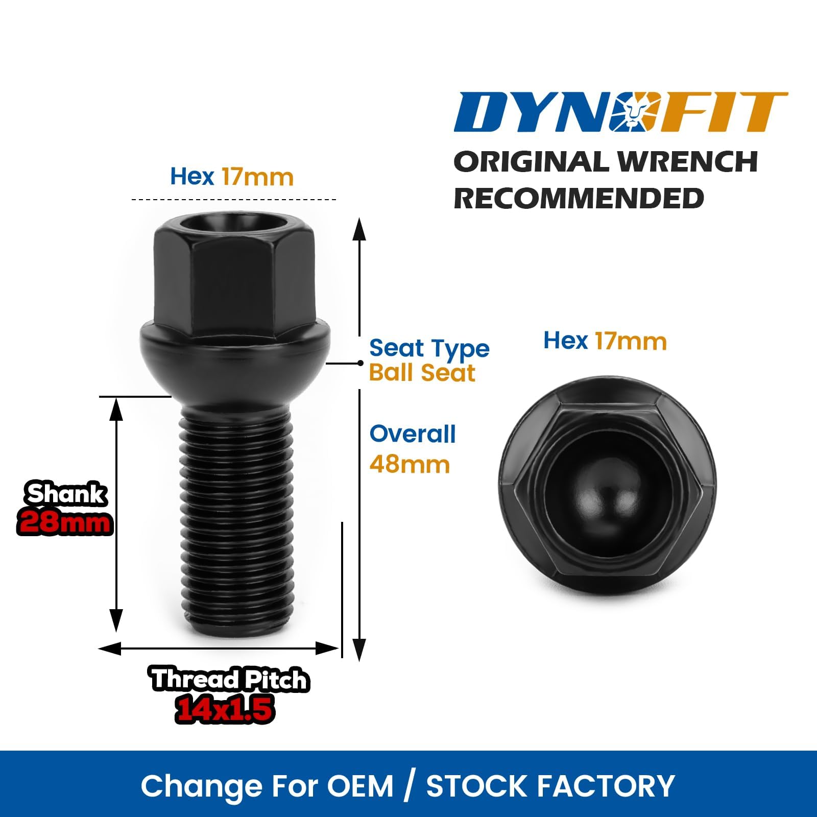 Dynofit 20Pcs M14X1.5 Oem Lug Bolts For A3 A4 A5 A6 A7 A8 S1 S2 S3 S4 S5 S6 S7 S8, 28Mm Shank R12 Ball Seat Wheel Bolts Fit Glof