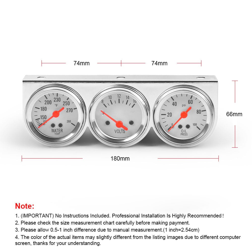 Dyno Racing 2inch 52MM Triple Gauge kit Volt Meter Water Temp Temperature Gauge Oil Press Pressure Gauge Car Meter Triple Gauge