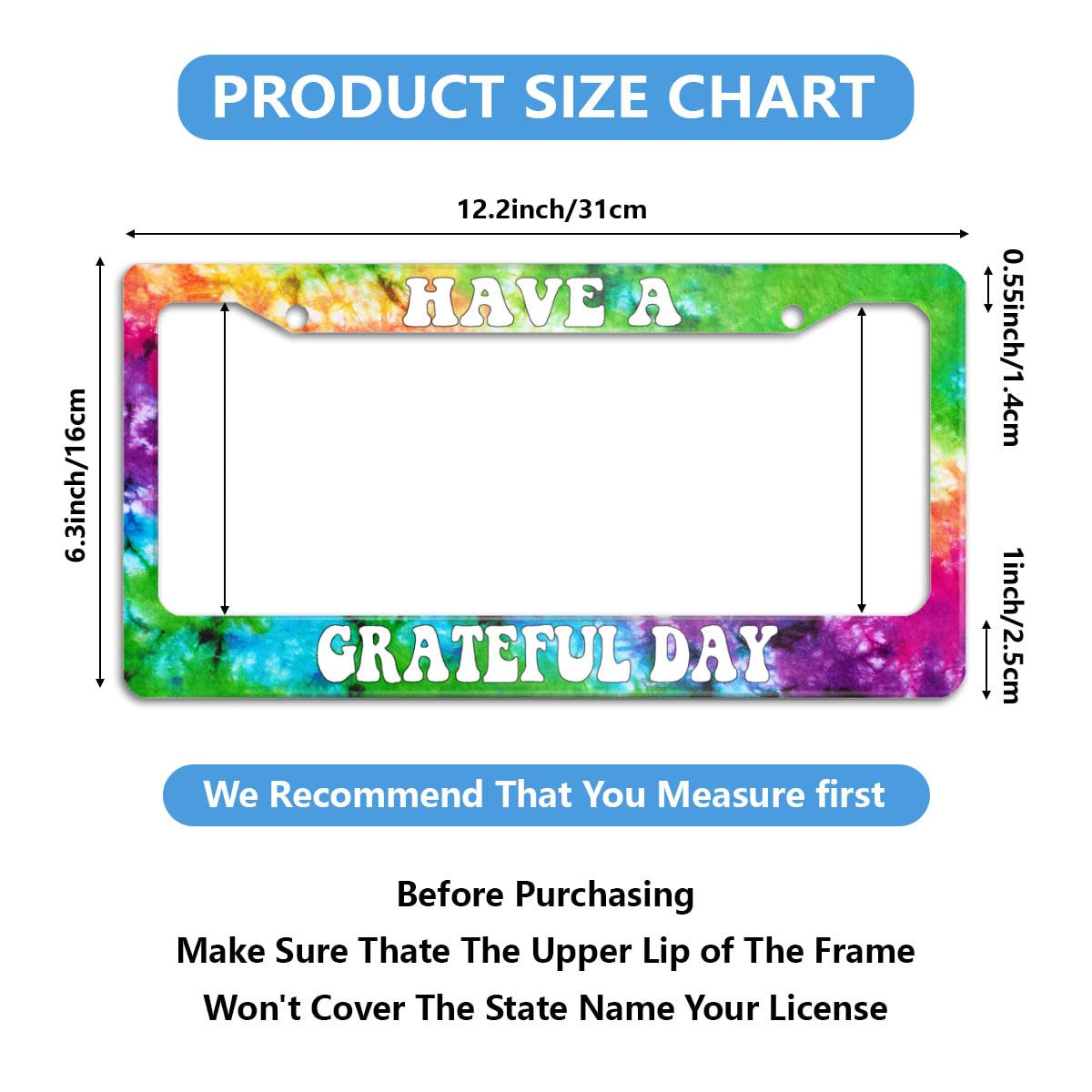 Meikosks Tie Dye Aluminum License Plate Frame, 12x6 Inch, 2 Holes with Screw Caps, Durable Car Tag Holder for Men and Women