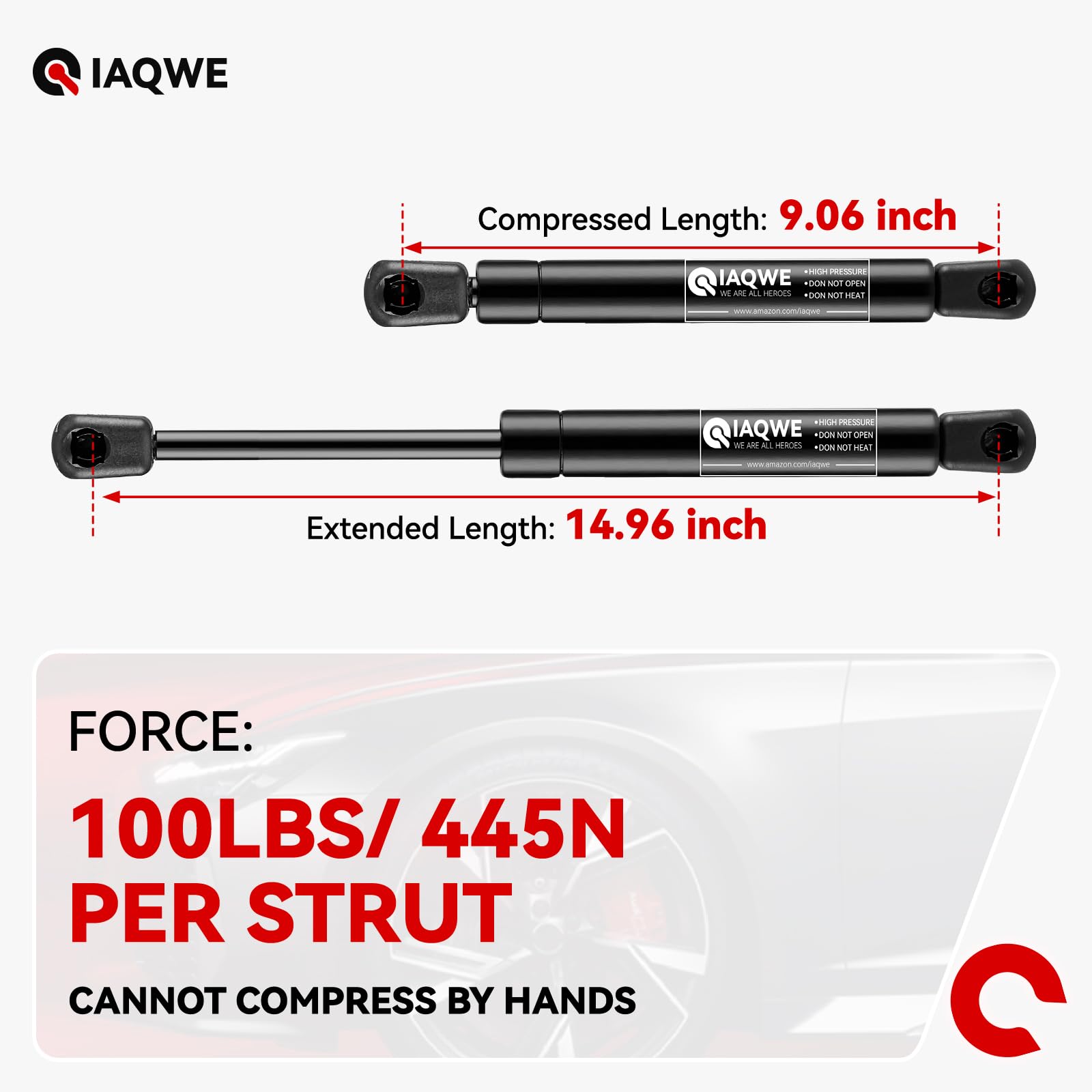 IAQWE Gas Struts Shocks Springs 15" Lift Support for Truck Canopy Lid - Black, Steel/Aluminum, Model 746827119388, 2PCS