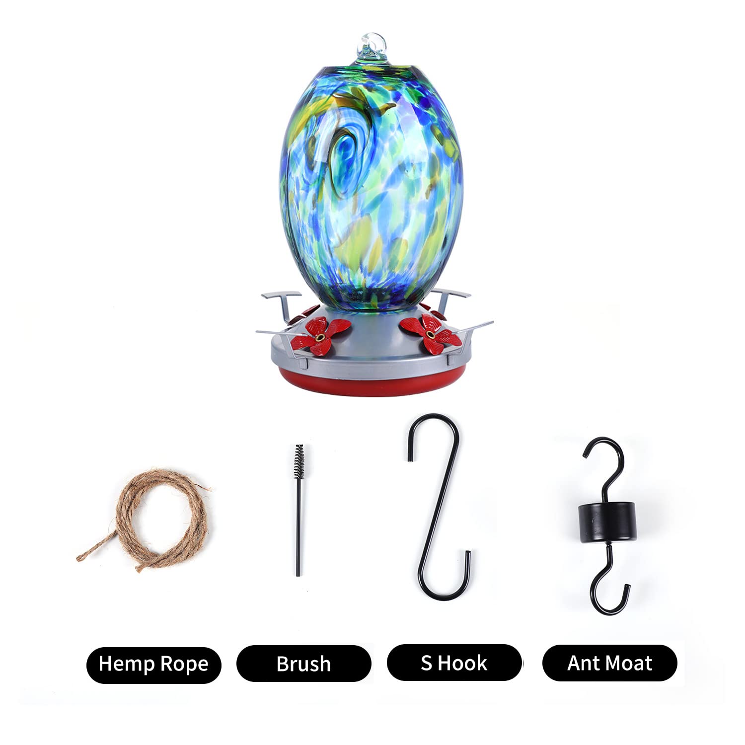 Jalamwang Hummingbird Feeder For Outdoors Hanging, 25 Ounces, Hand Blown Glass, Leak Proof Rustproof, Containing Ant Moat, For A