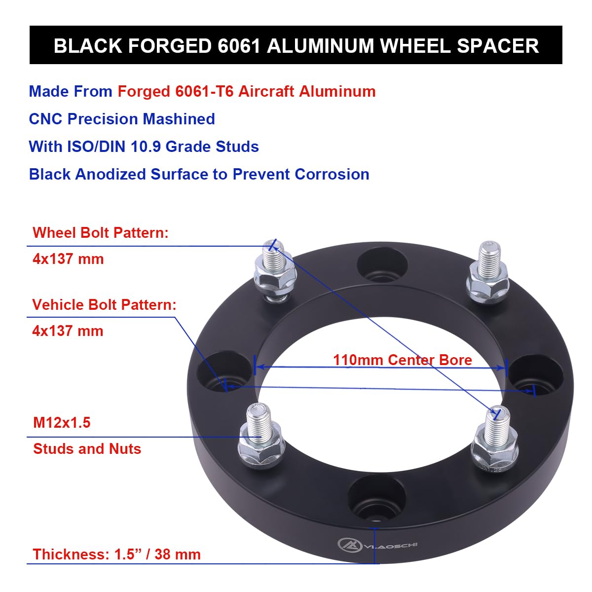 VLAOSCHI Black Forged 4x137 ATV Wheel Spacers 1.5 Inch with 12x1.5 Studs Compatible with Honda Can-Am 4 Lug for 2019-2022 Talon