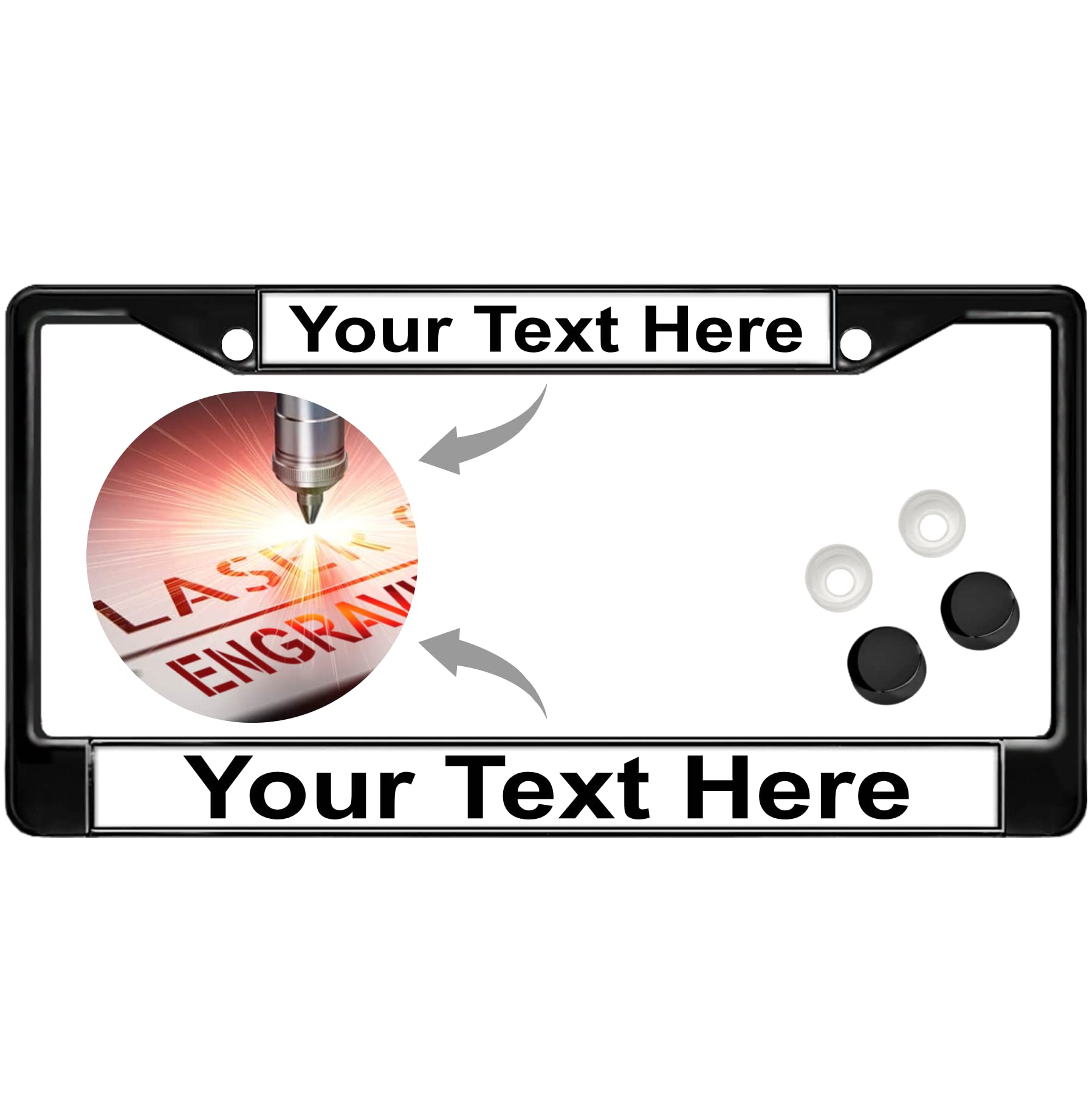 Custom Personalized Black Powder-Coated Metal Laser Engraved Standard Size - Car/Automobile License Plate Frame With Free Caps -