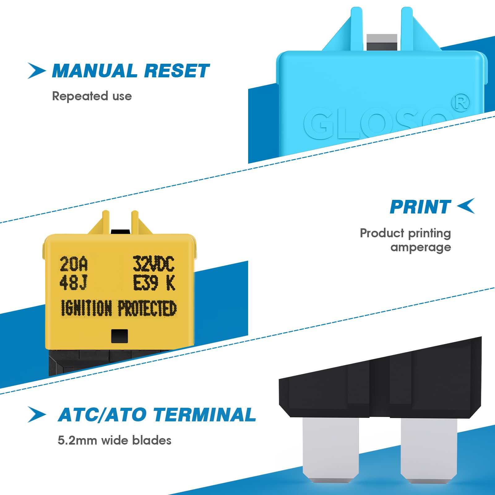 Gloso Circuit Breaker Fuse E39 (T3) Manual Reset For Car Truck Rv Automotive Marine Boat Trolling Motor & Custom Wiring Audio Ba