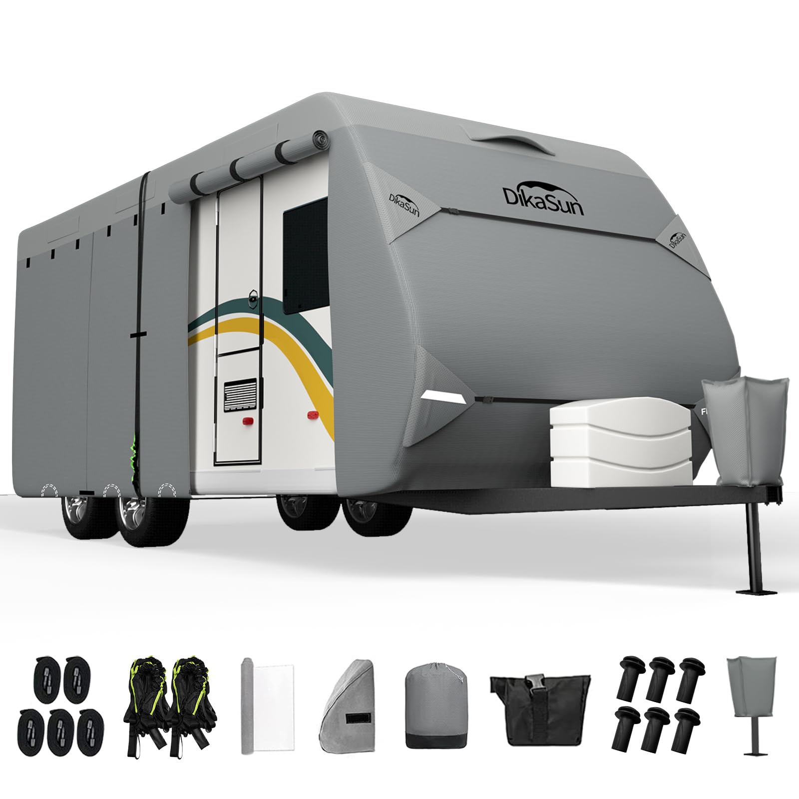 DikaSun Travel Trailer RV Cover, 14-16 FT, 7 Layers Waterproof, Heavy Duty for Winter, DK1 - Fits RV Trailer, Includes Tongue Jack & Gutter Covers