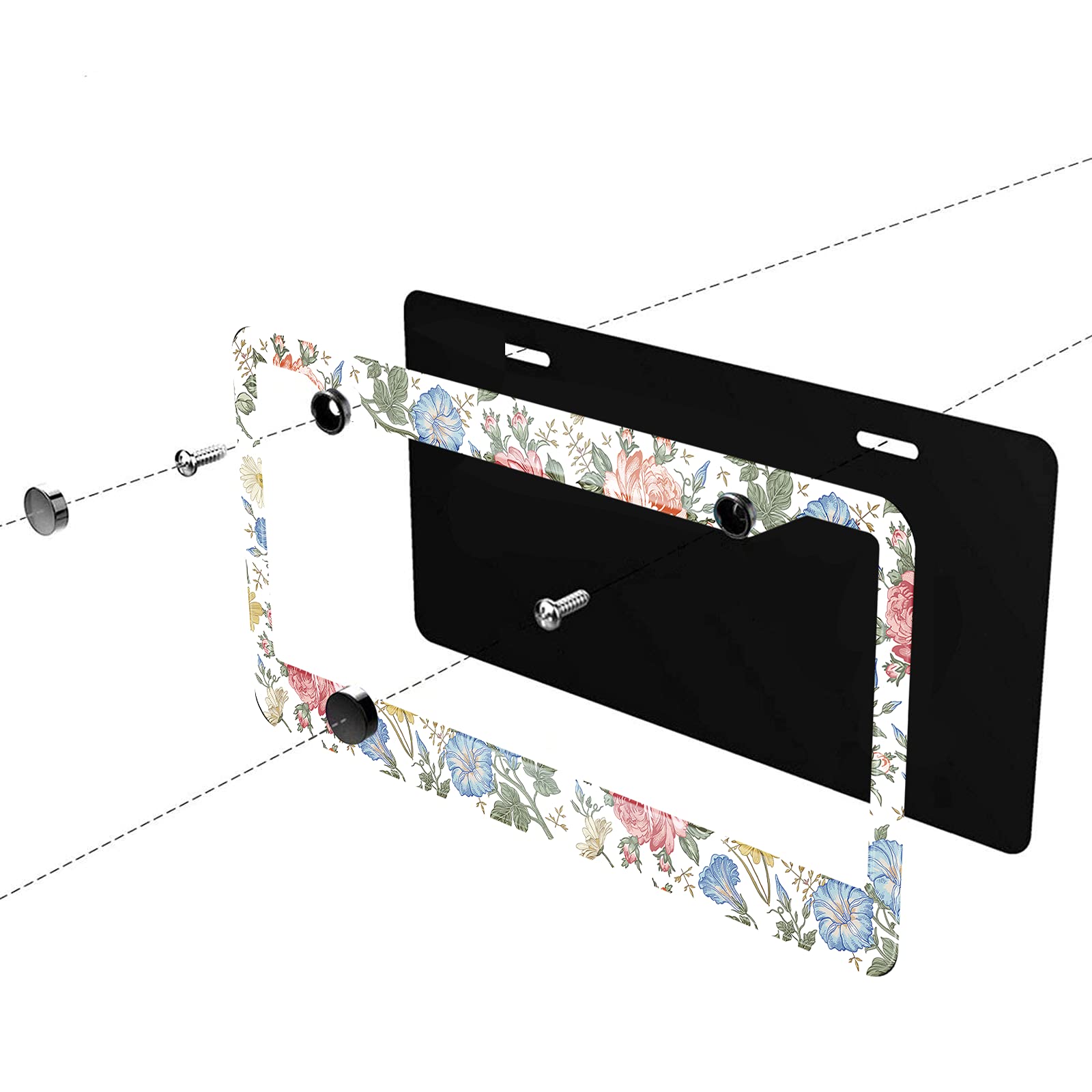 Swono Floral License Plate Frame Beautiful Chamomile Rose Petunia Wildflowers Print License Plate Cover Aluminum Metal License P