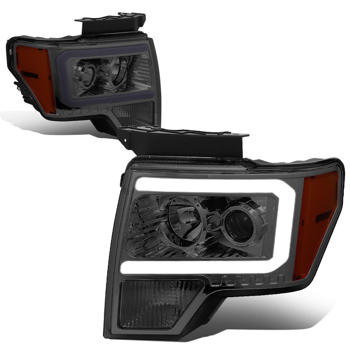Dna Motoring Hl-Lb-F15009-Sm-Am Pair Led Drl Projector Headlight Lamp Replacement For 09-14 Ford F-150, Smoke/Amber