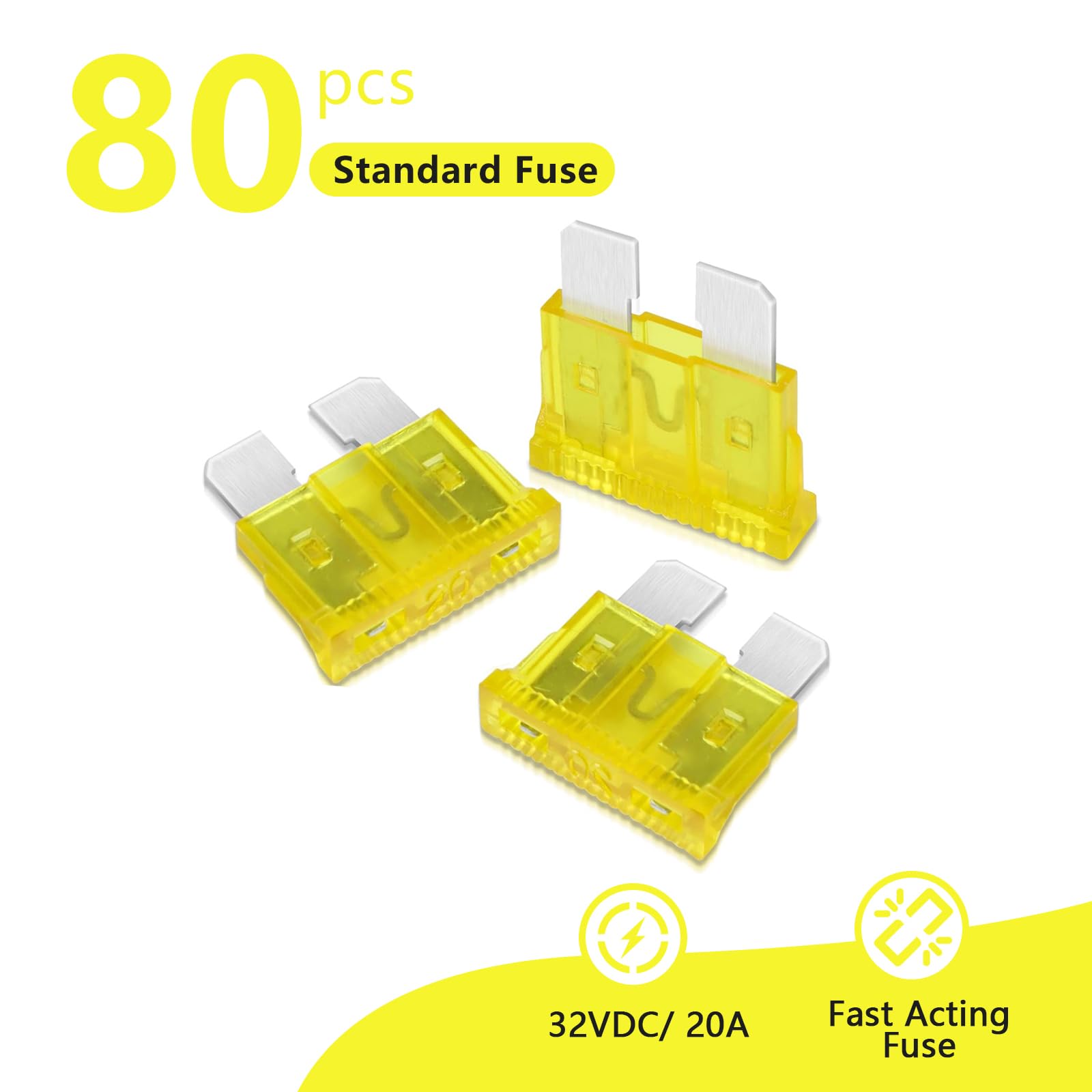 (80Pcs) 20 Amp Standard Fuse, 20A Car Blade Fuses For Car/Rv/Truck/Suv/Motorcycle/Boat
