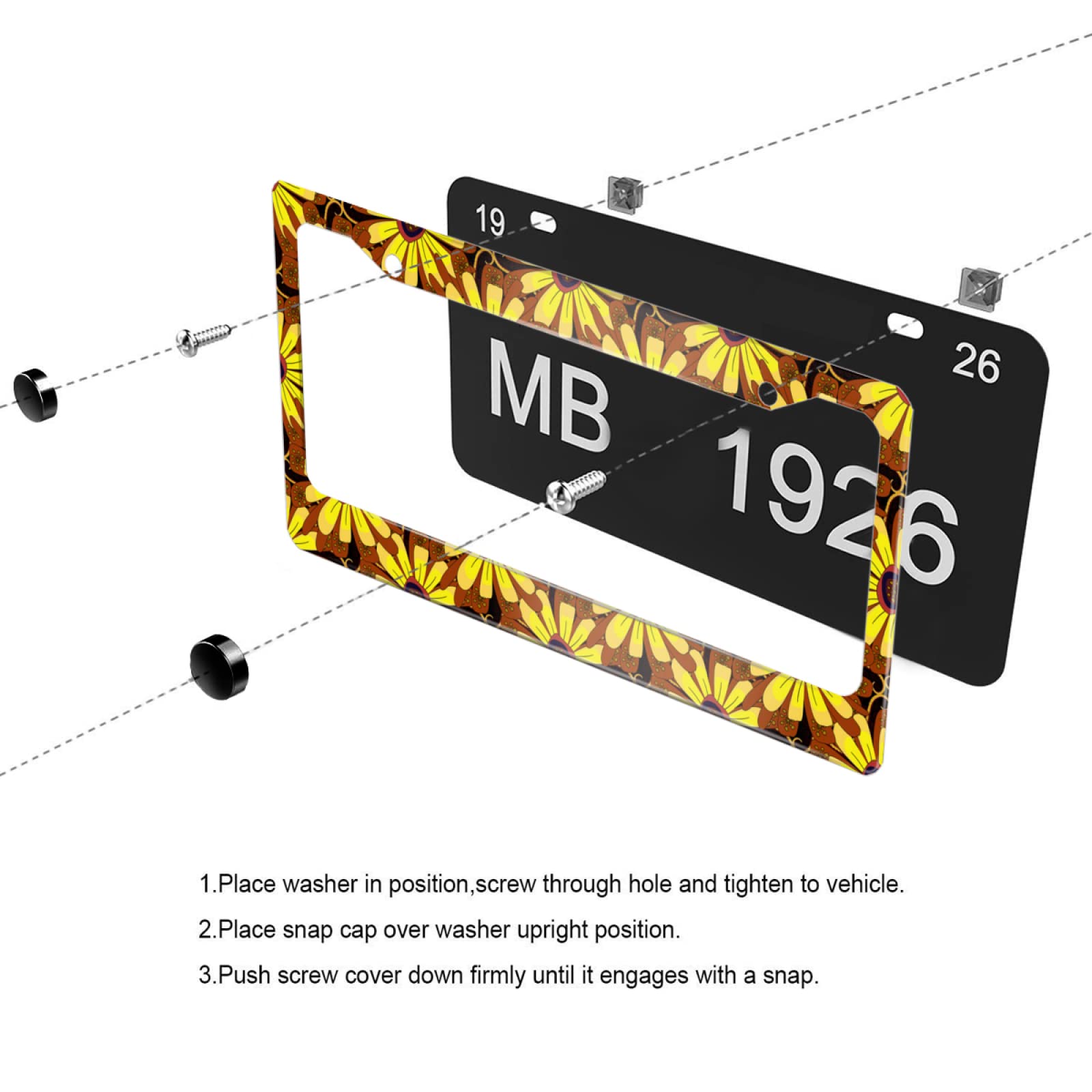 Meikosks Sunflower License Plate Frame,Metal Aluminum Car Cover Tag Holder Frames Cute Floral,2 Holes with Screw Caps for Women